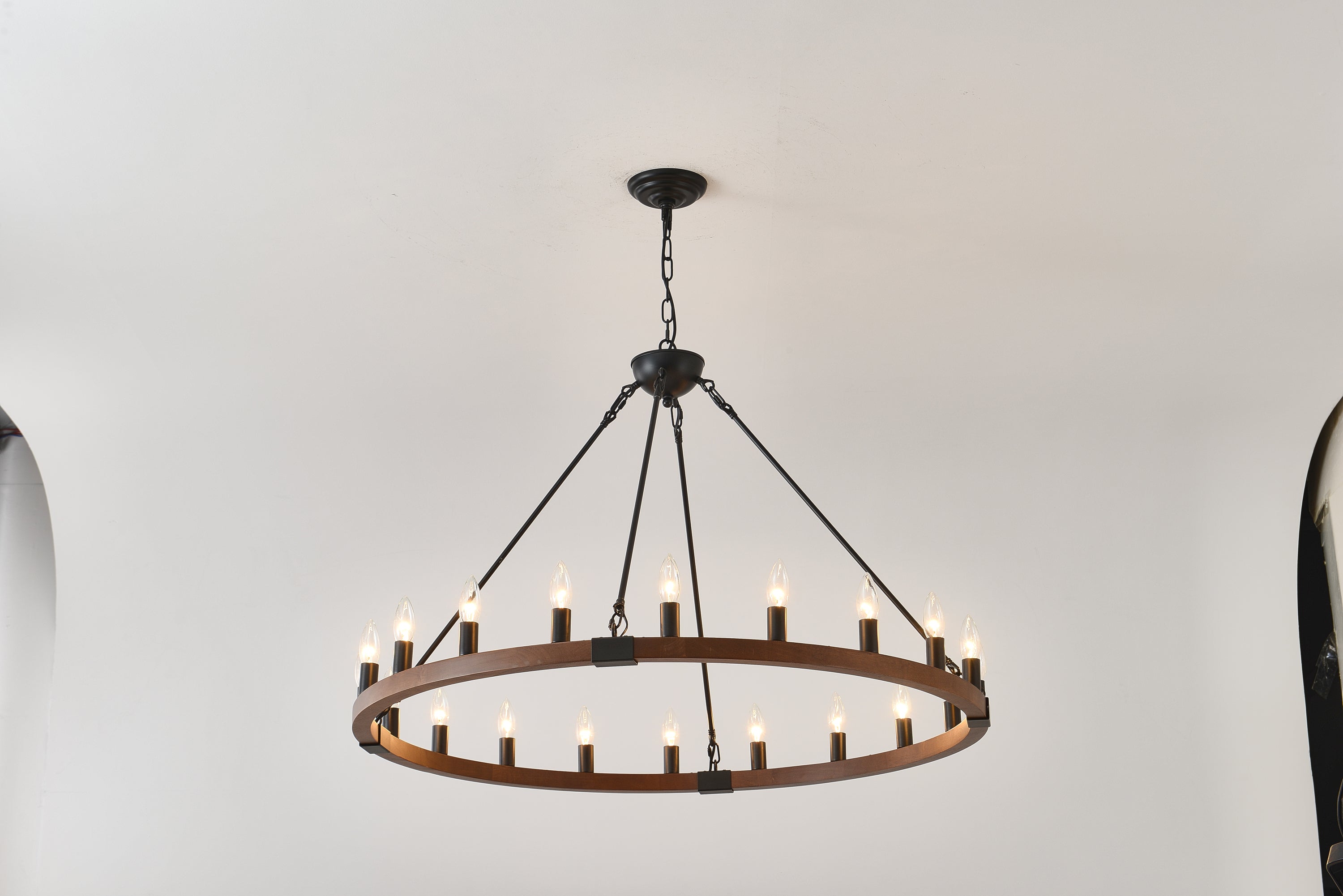Chandelier Wood Wagon Wheel 20-Light Farmhouse Matte Black 39.3 In