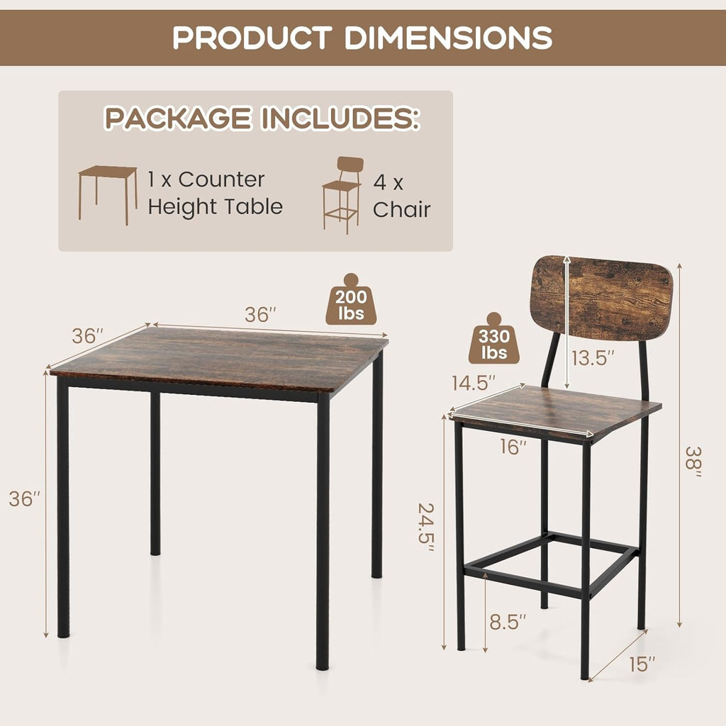 Counter Height Industrial Dining Table Set 36x36 Bar Stools