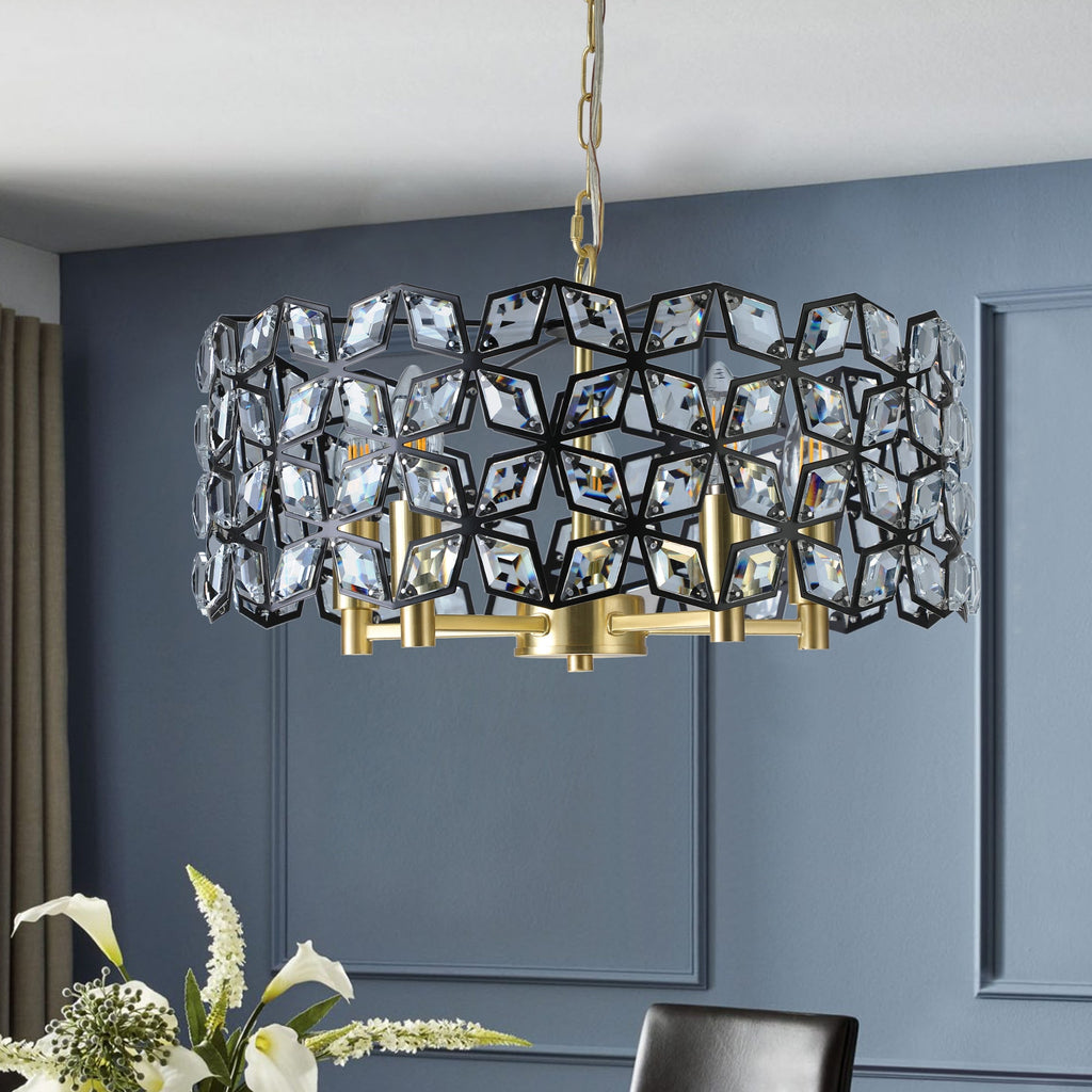 Chandelier Crystal Black Gold Round Pendant 5-Light Modern 19 In
