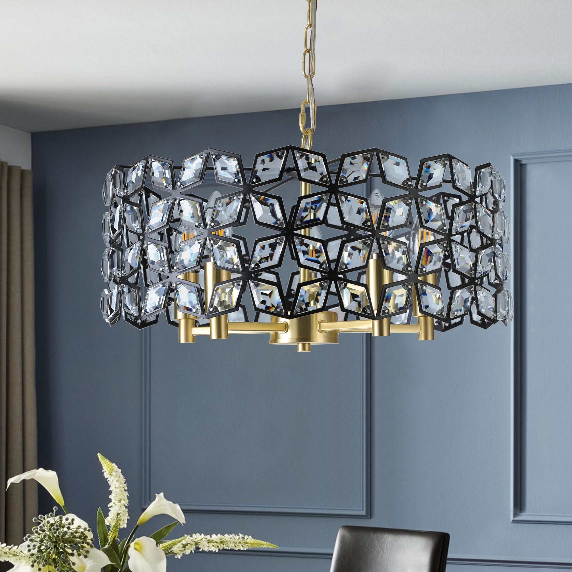Chandelier Crystal Black Gold Round Pendant 5-Light Modern 19 In
