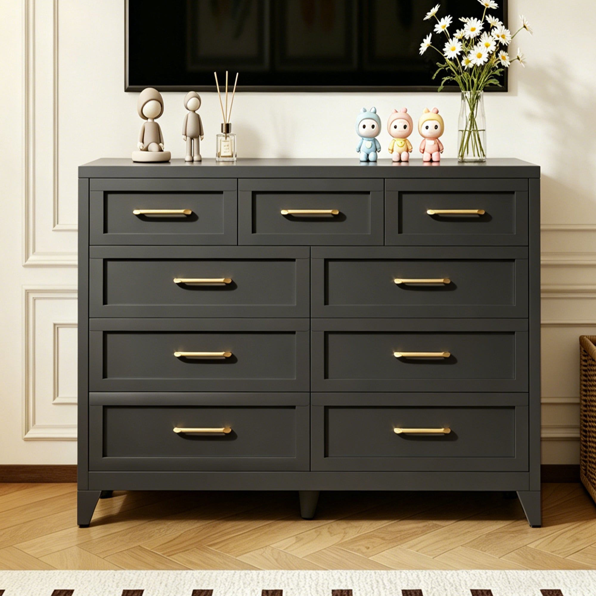 Dresser Tall 9-Drawer Black Steel Smooth-Glide 47.3x15.8x39 In