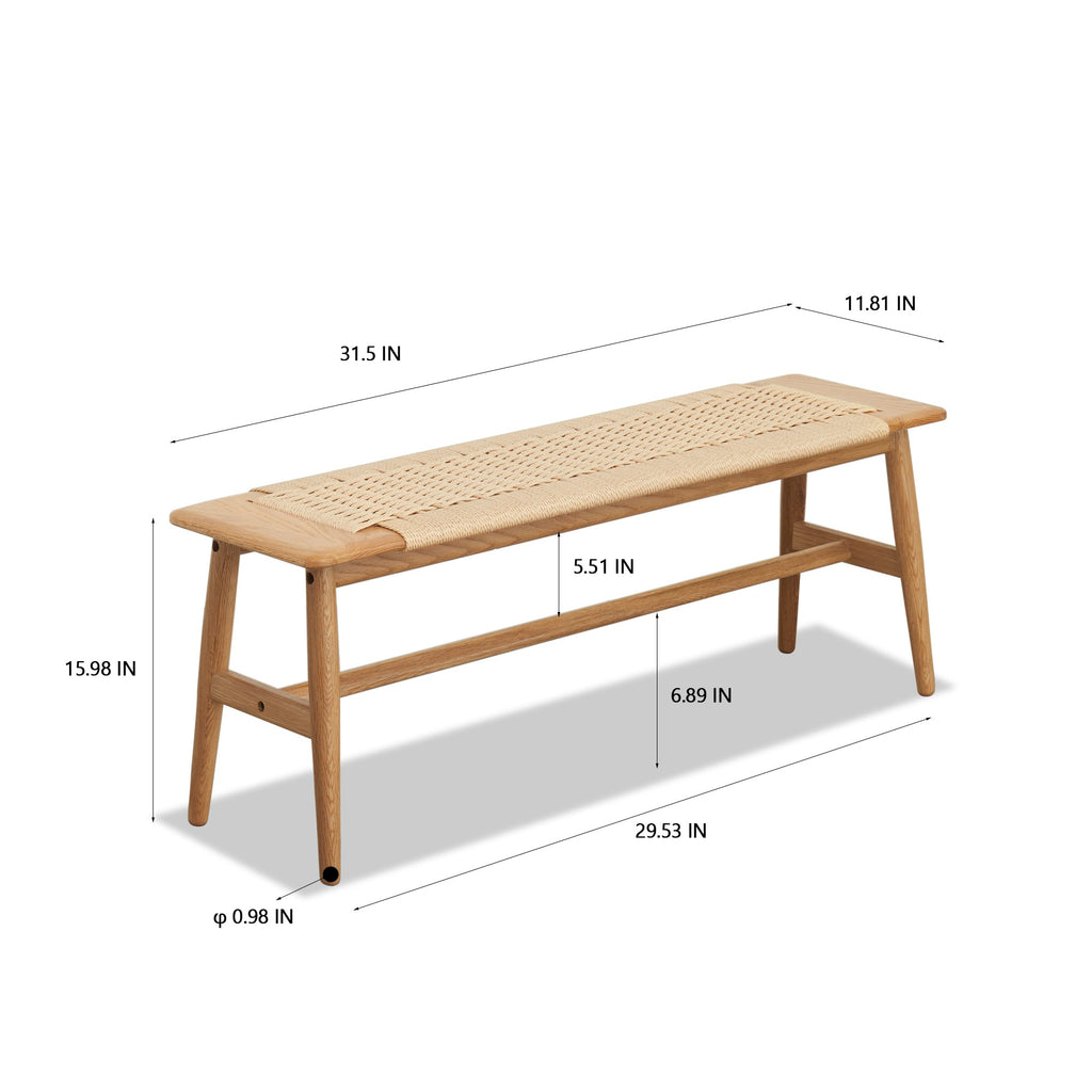 Dining Bench Rectangular Natural Oak Wood Handwoven Cane Seat Dining Room