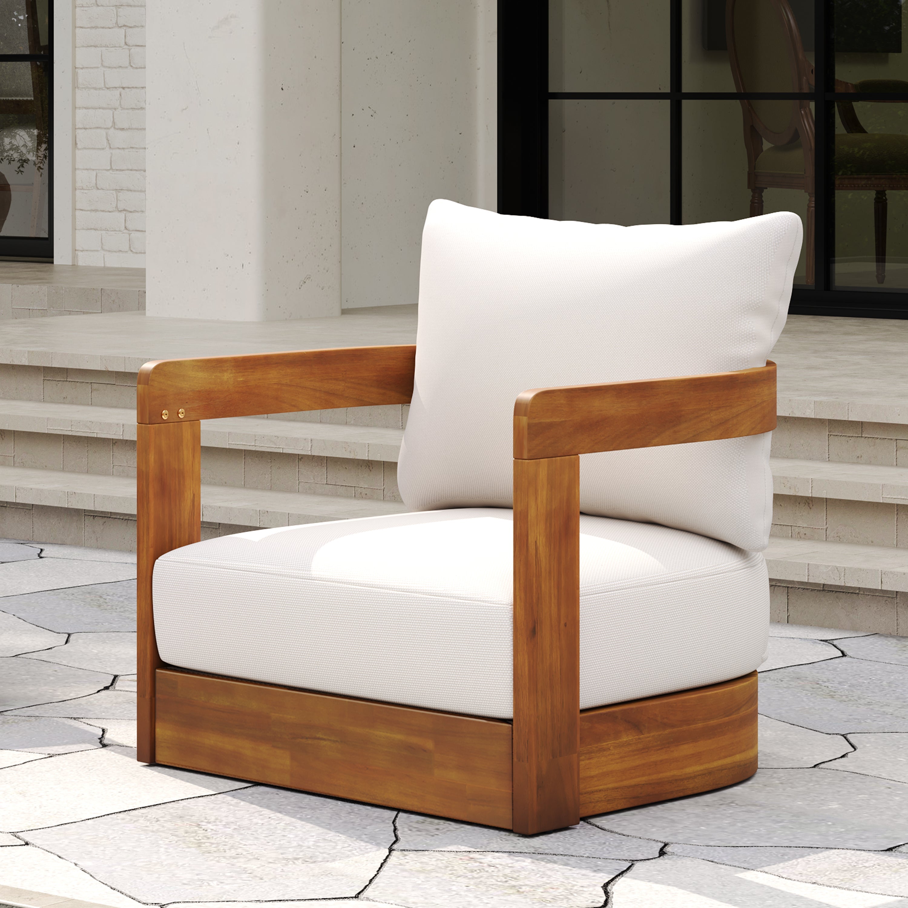 Outdoor Club Chair Acacia Wood Tub Shape Teak Beige Cushion
