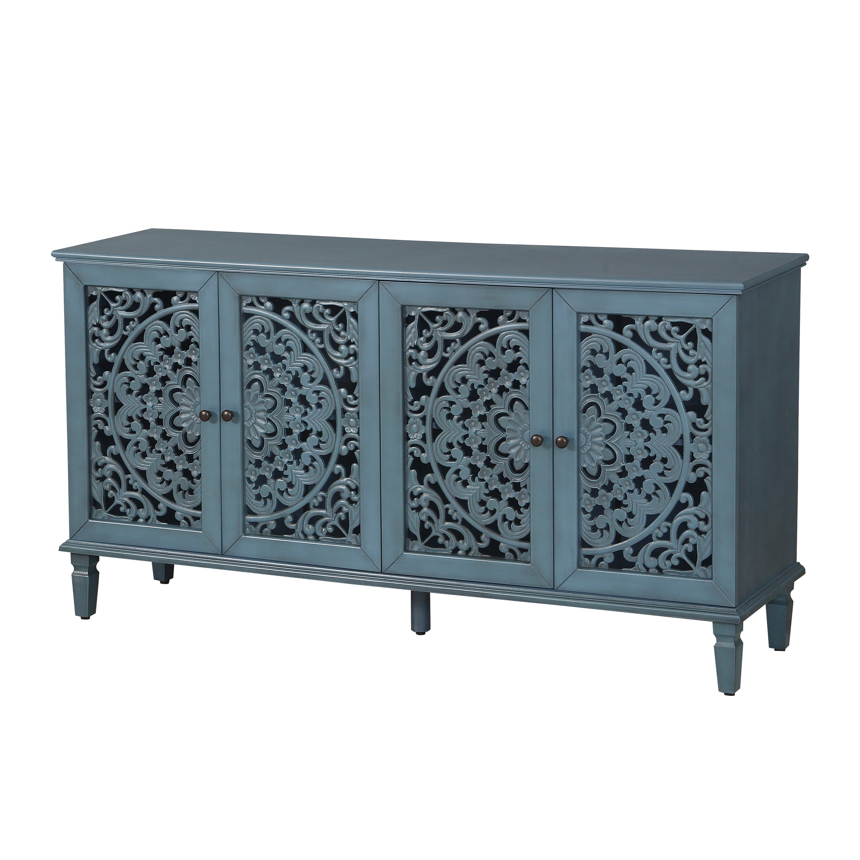 60" Antique Buffet Cabinet with Floral Carvings and Adjustable Shelves