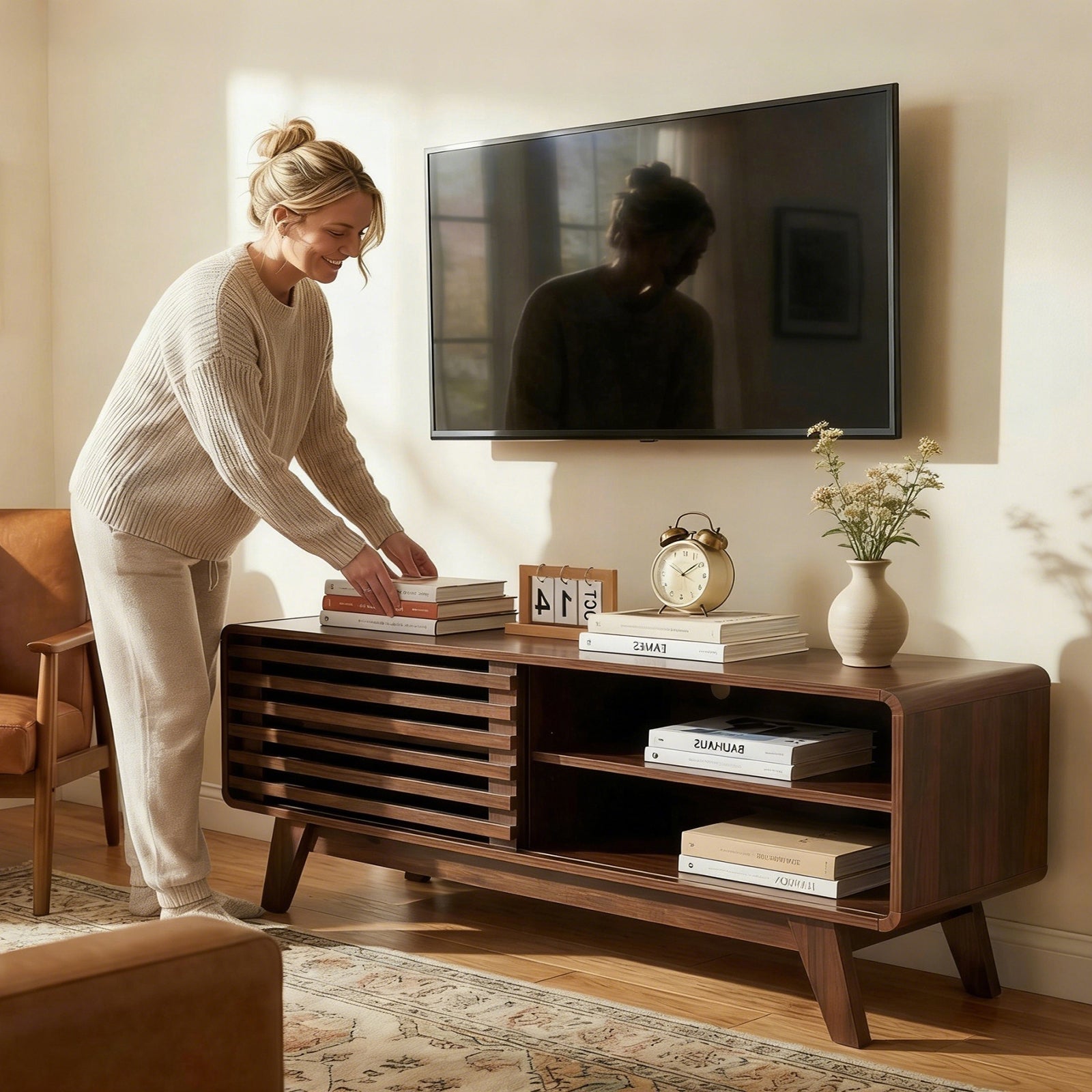 TV Stand Walnut MDF Slatted Sliding Door Fits 50 In TV Cable Management