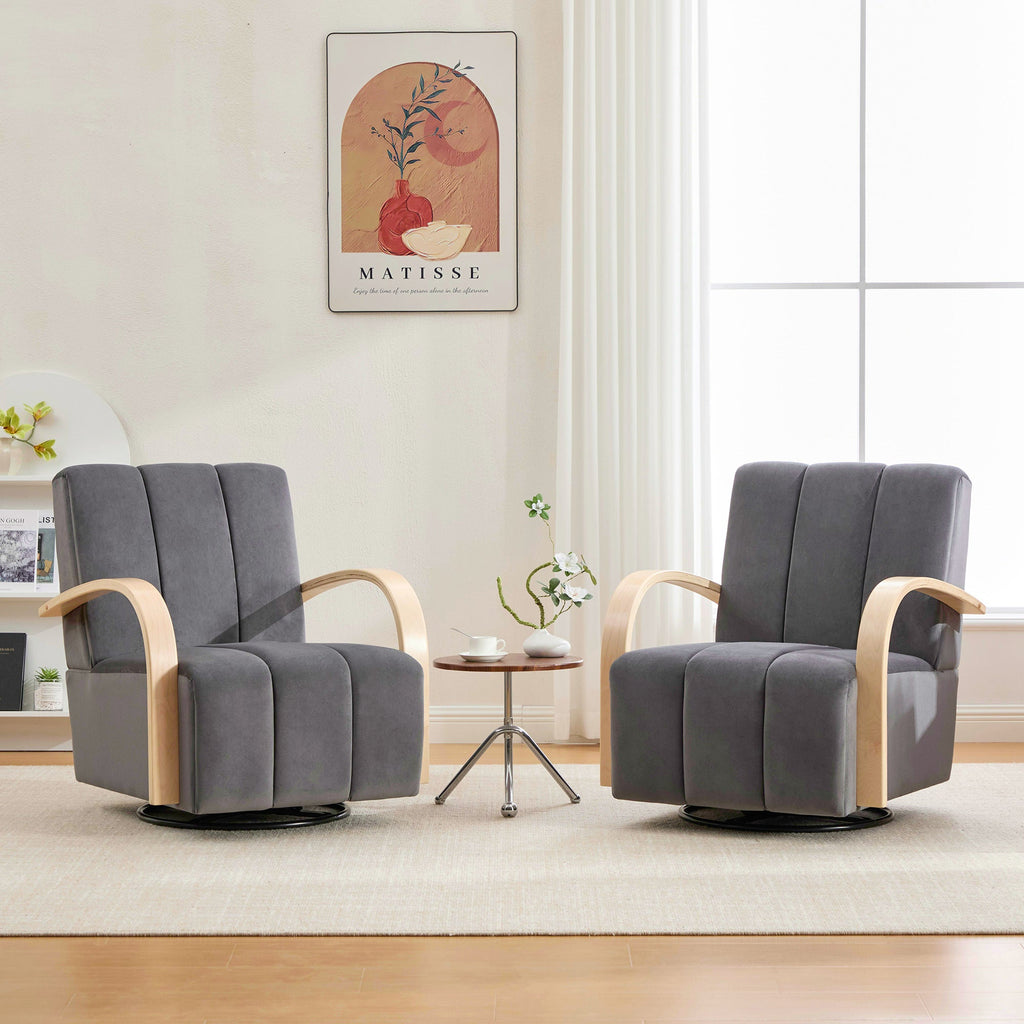 Swivel Accent Chair 360 Degree Velvet Charcoal Channel Tufted Wood Armrests
