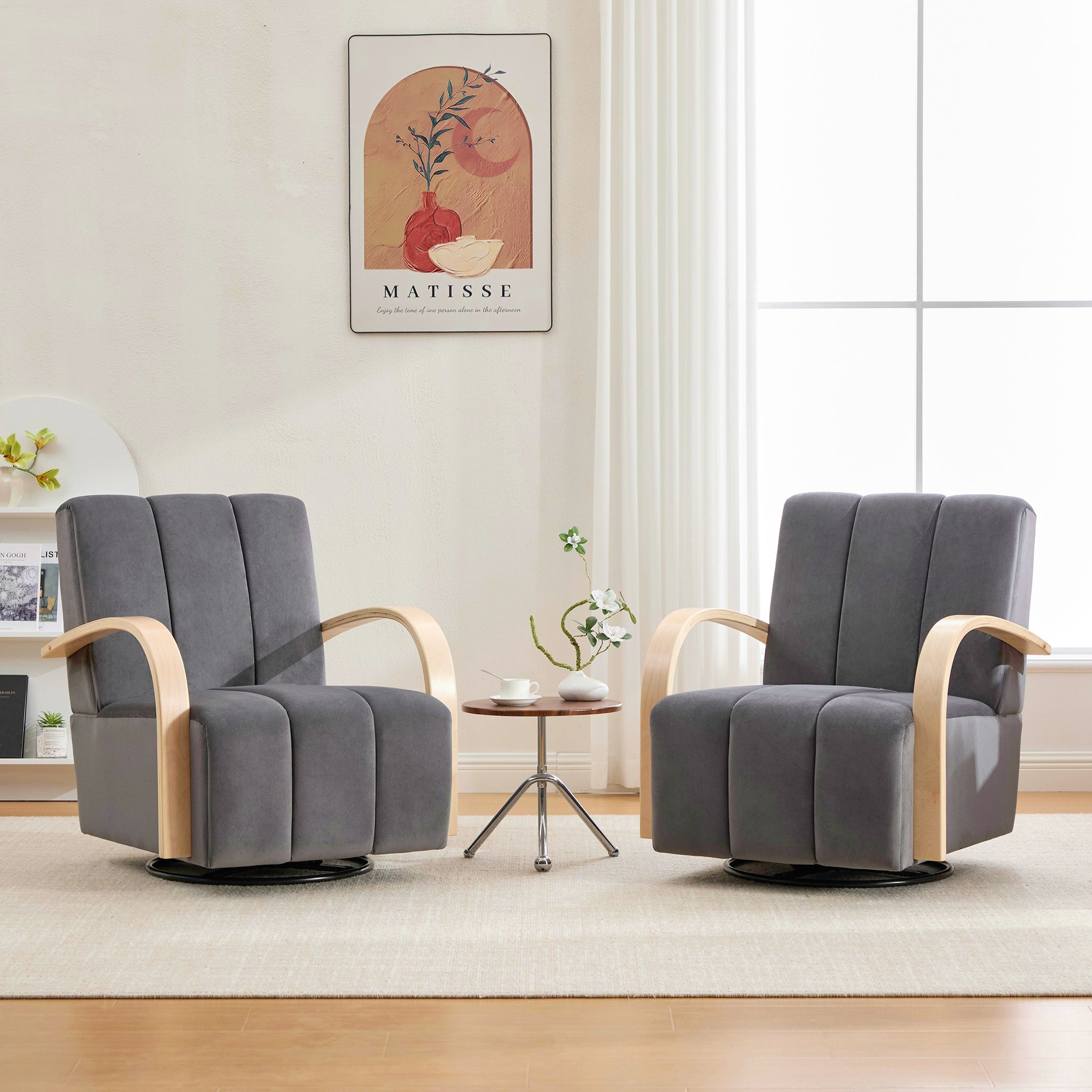 Swivel Accent Chair 360 Degree Velvet Charcoal Channel Tufted Wood Armrests
