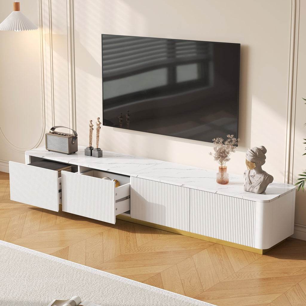 TV Stand Luxury Fluted White MDF Faux Marble Top 4-Drawer Fits 85 In TV