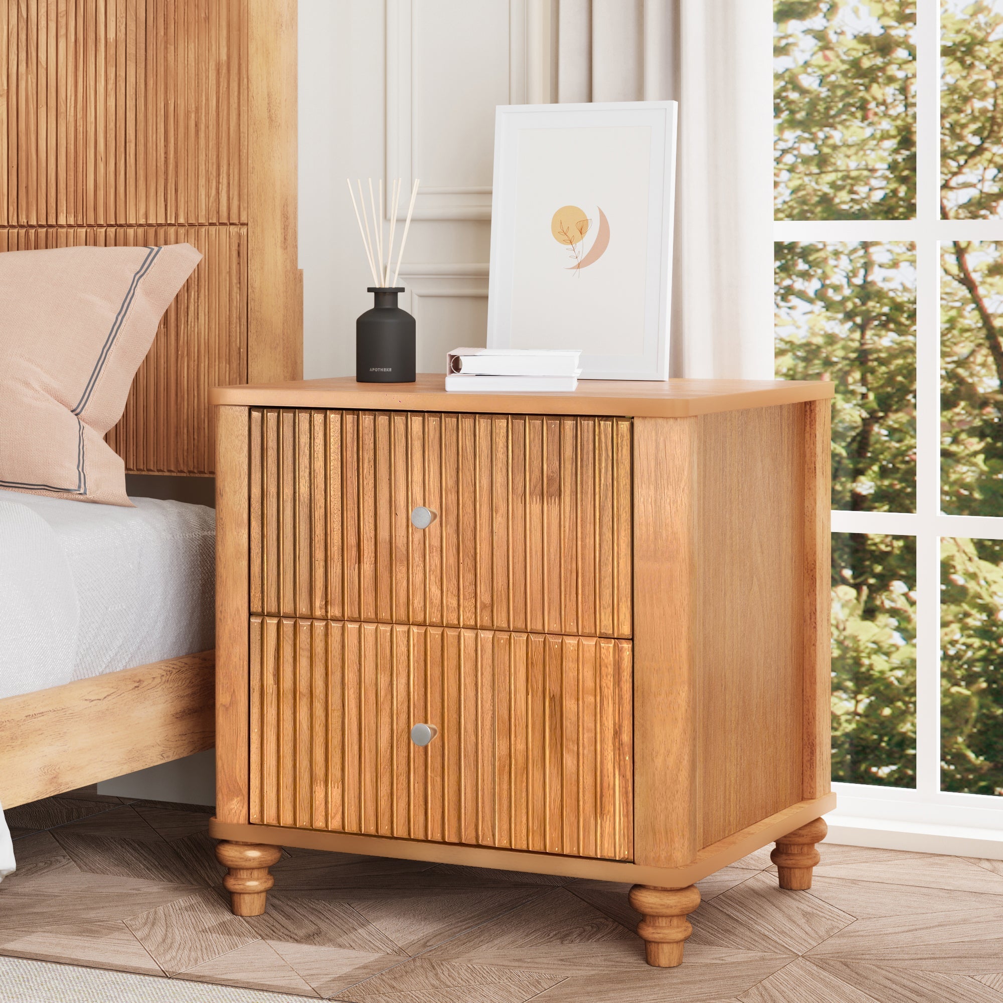 Mid Century Fluted Nightstand with 3 Drawers, 21.65 in Wide, Natural, 2-Piece