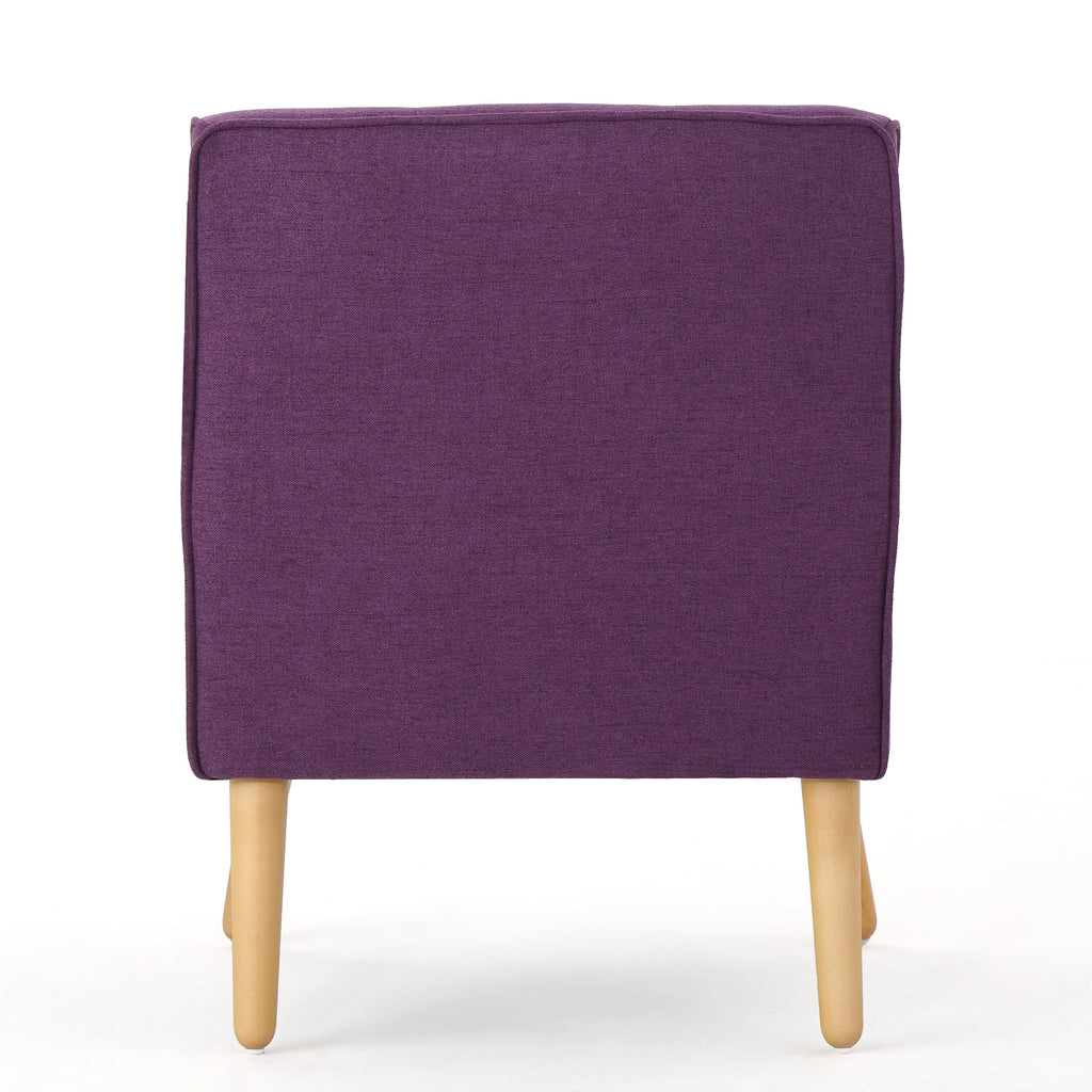 Mid-Century Modern Arm Chair with Tufted Back, Purple Fabric, Birch Wood Legs