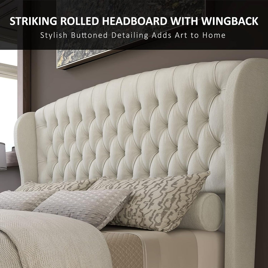 Queen Size Chenille Upholstered Sleigh Platform Bed with Button Tufted Headboard