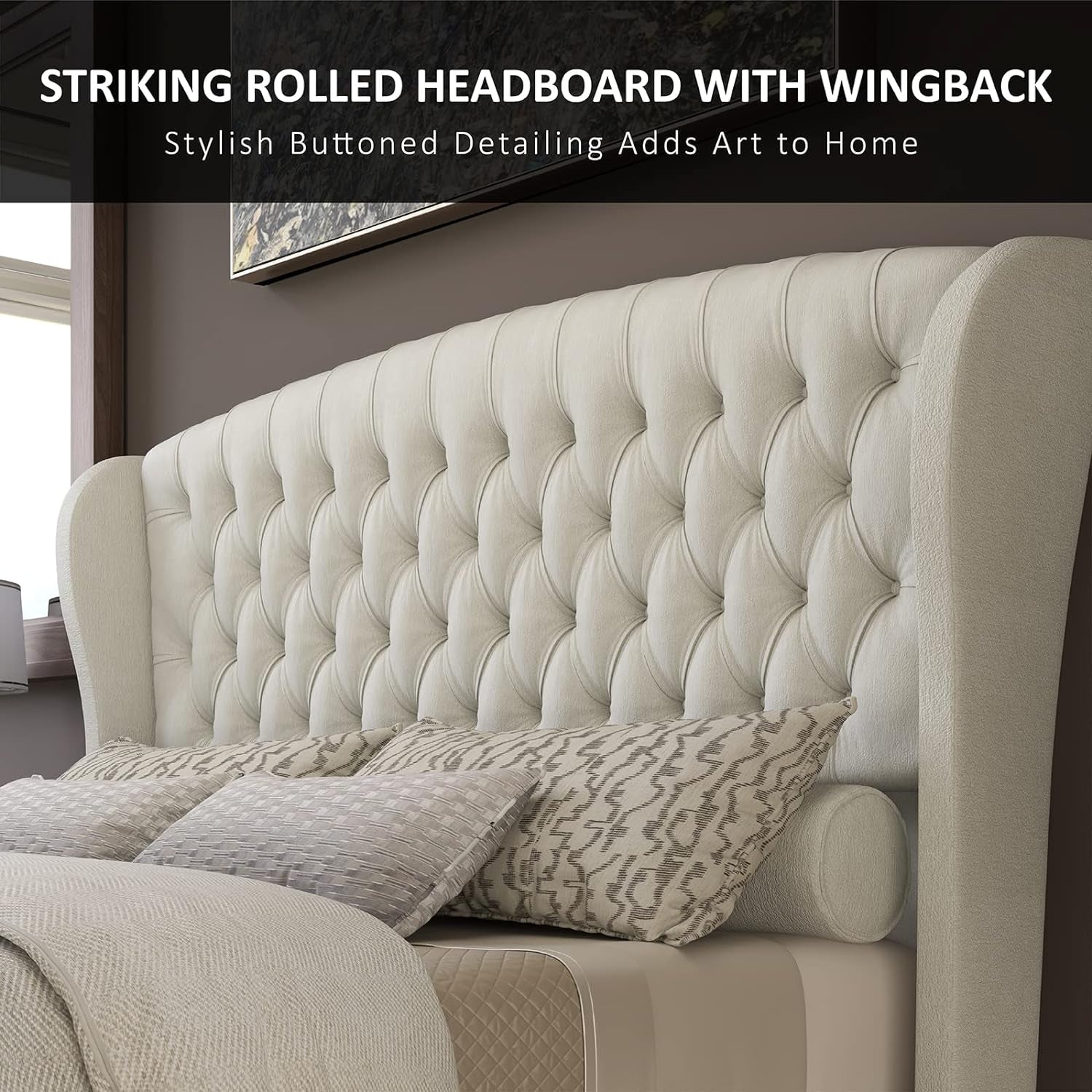 Queen Size Chenille Upholstered Sleigh Platform Bed with Button Tufted Headboard