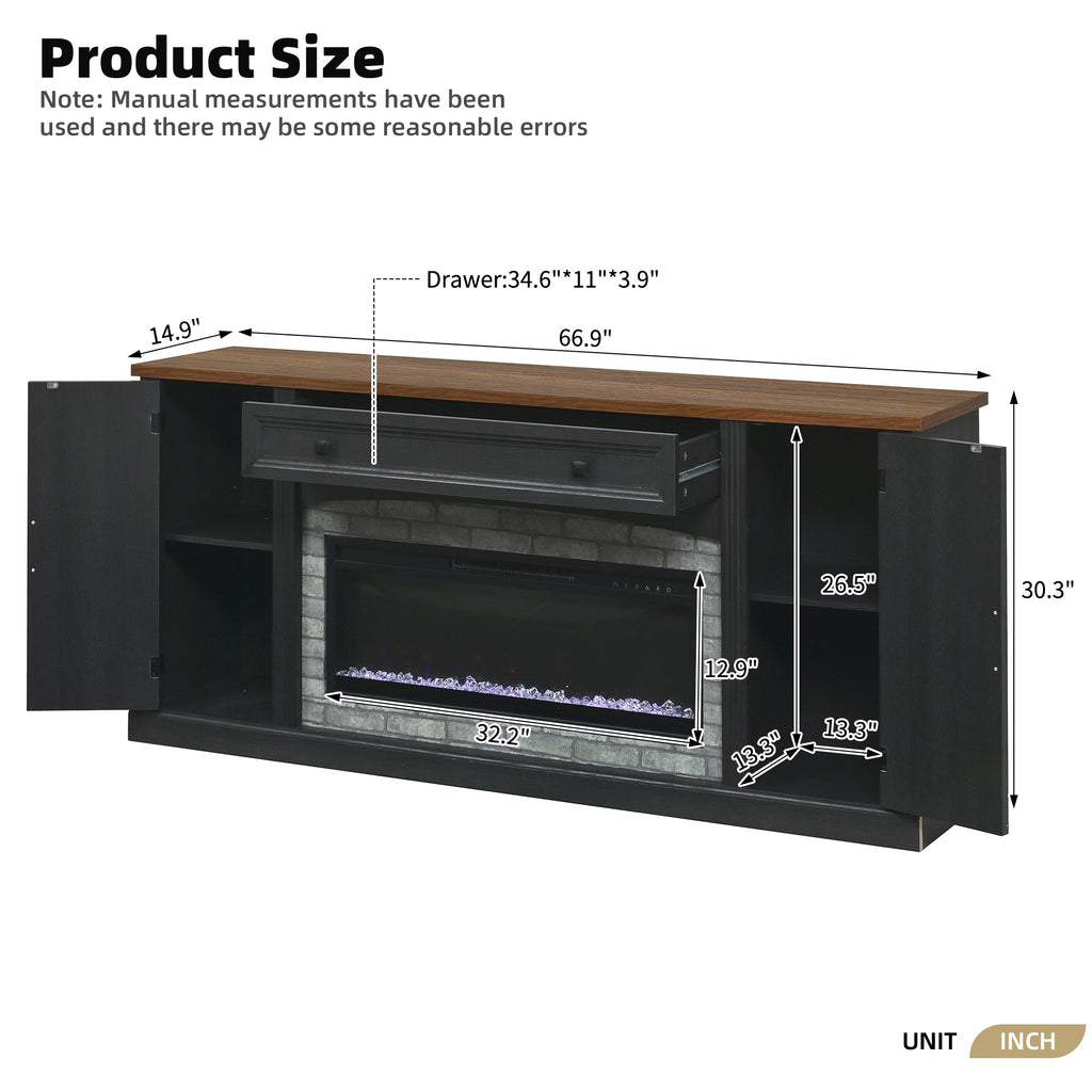TV Stand Fireplace Black MDF Walnut Top Gray Brick 1400W Fits 70 In TV 66.9 In
