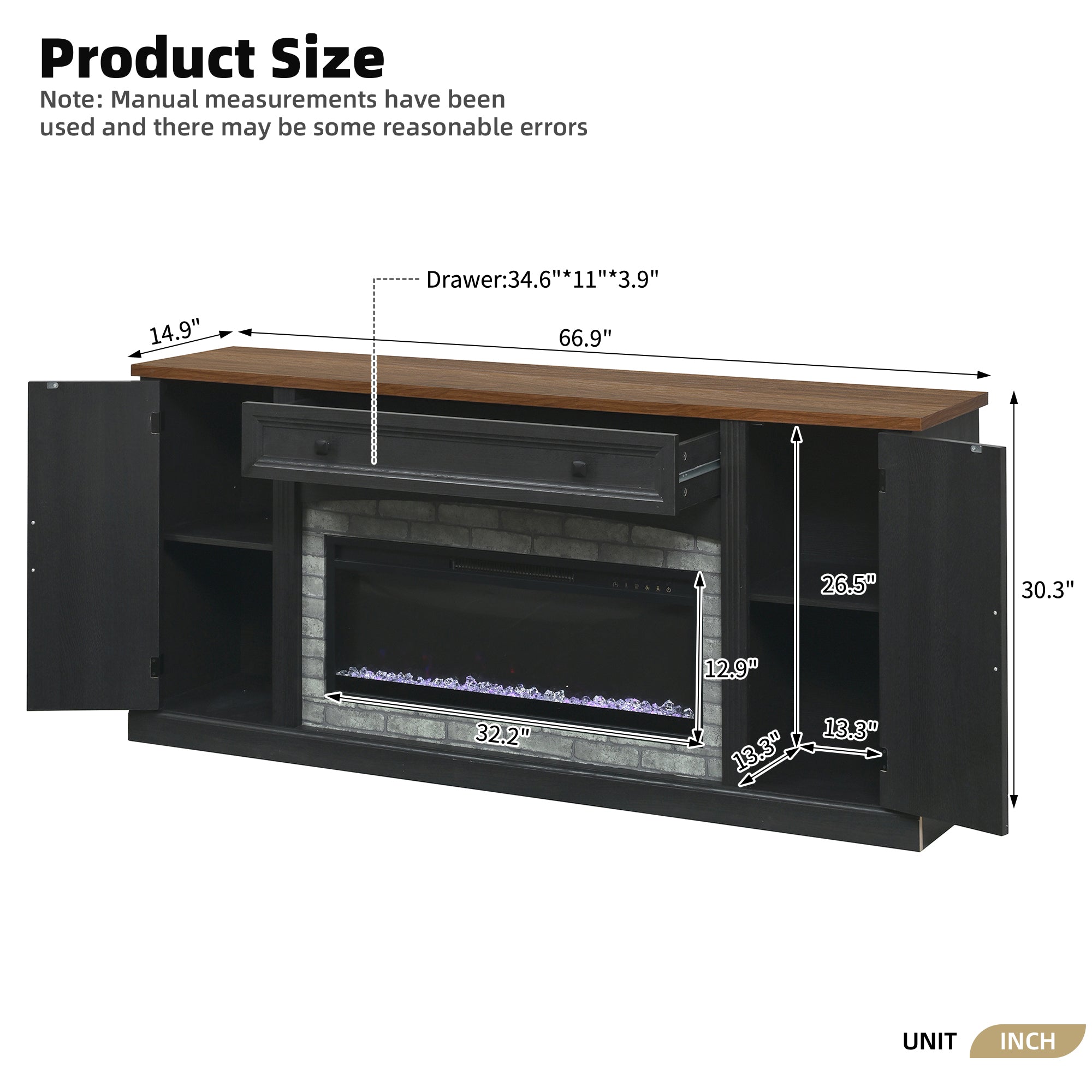 TV Stand Fireplace Black MDF Walnut Top Gray Brick 1400W Fits 70 In TV 66.9 In