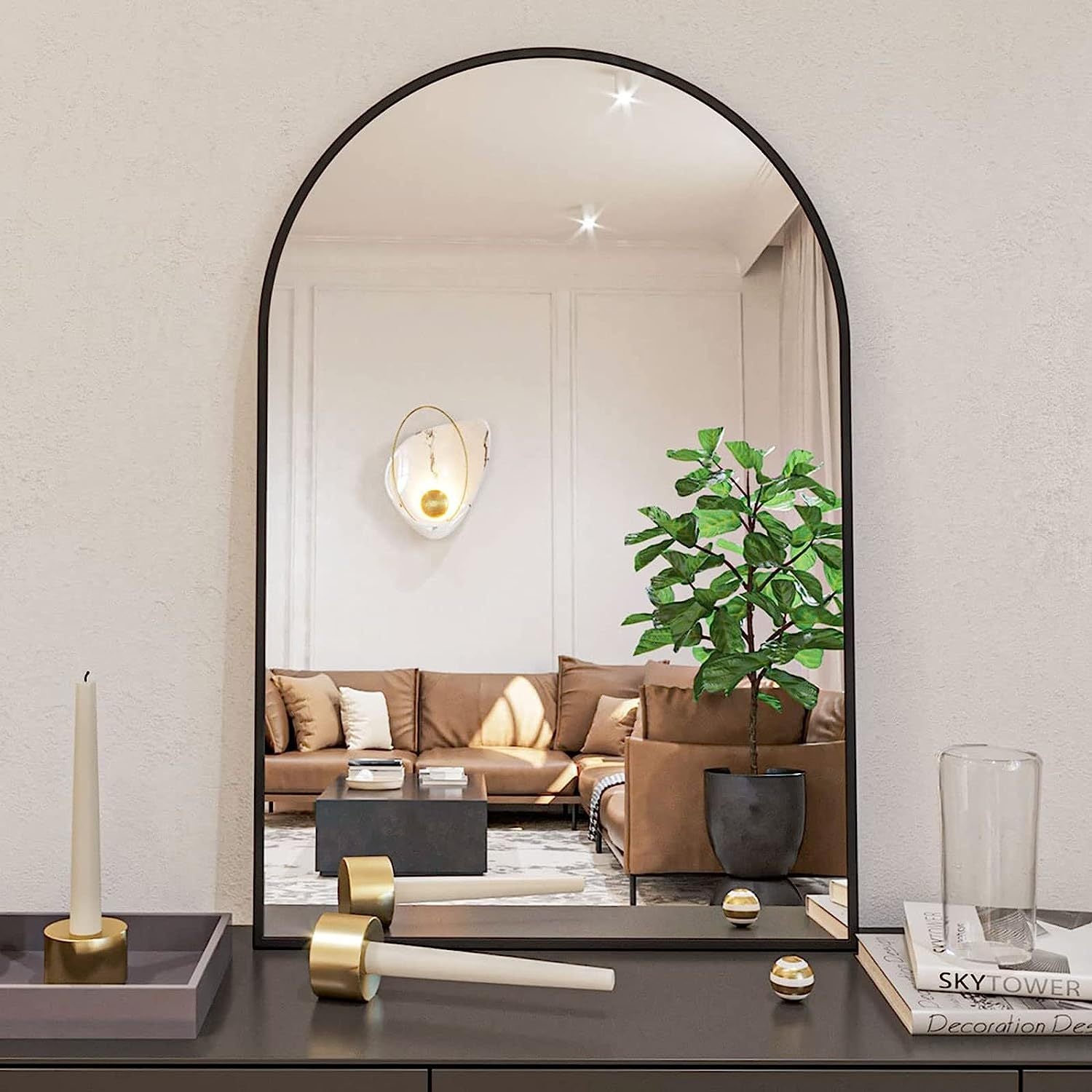Bathroom Wall Mirror Arched Black Metal Frame 24x36 Inch Entryway
