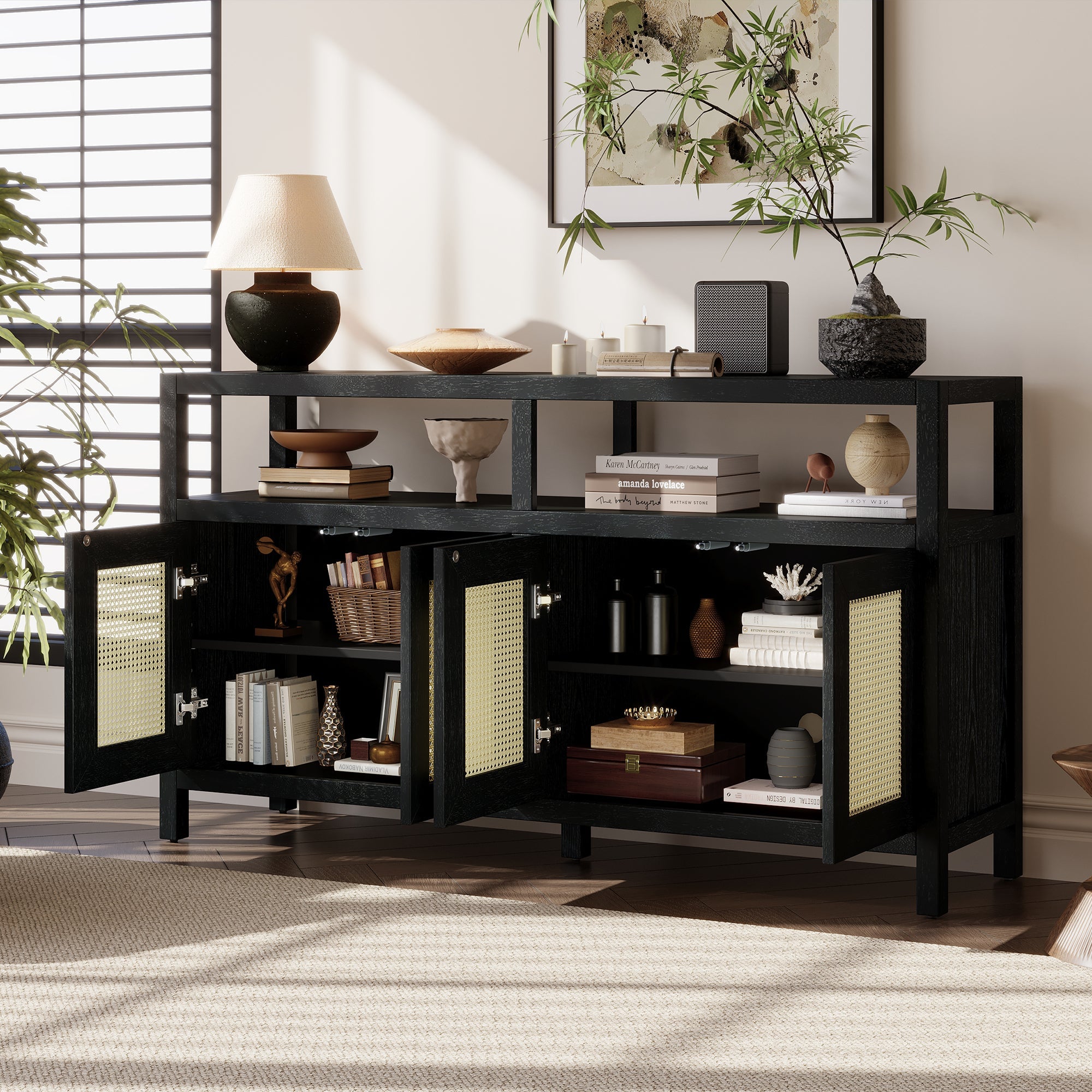 TREXM Bohemian Style Rattan Buffet Storage Cabinet with Solid Wood Frame, Sideboard with 3-position Adjustable Shelves for Living & Dining Rooms, No-Handle Push-to-Open Design (Black)