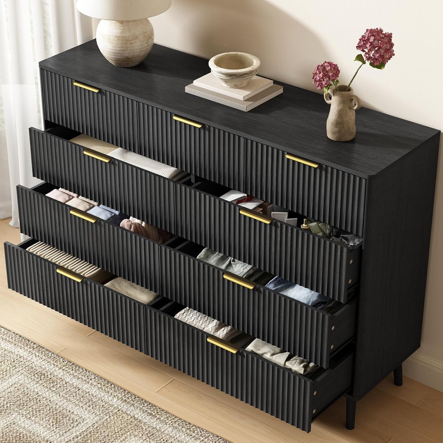 Fluted Nine Drawer Dresser 55 Inch Matte Black With Gold Handles