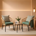 3 Piece Outdoor Patio Furniture Set With Conversation Bistro Tempered Coffee Table And Green Wicker Chairs