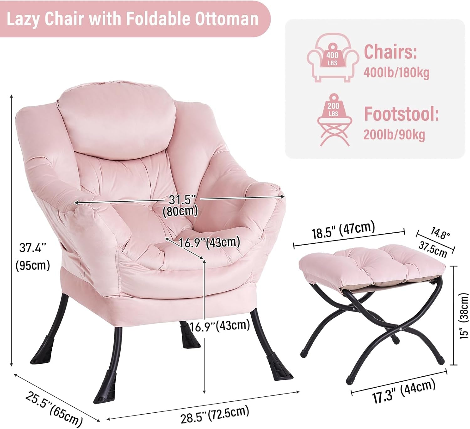 Pink Velvet Lounge Chair With Folding Footrest Ottoman