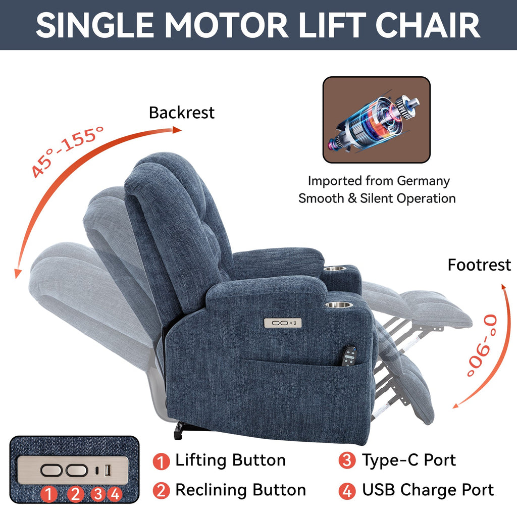 Power Lift Recliner Chair Heat Massage USB Cup Holders, Blue