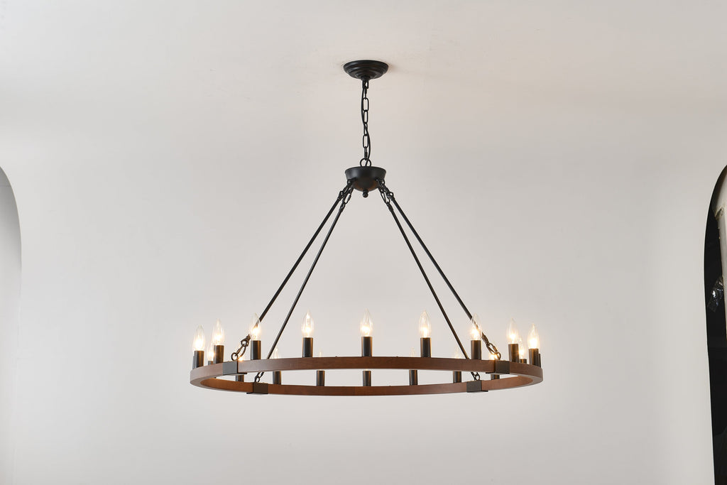 Chandelier Wood Wagon Wheel 20-Light Farmhouse Matte Black 39.3 In