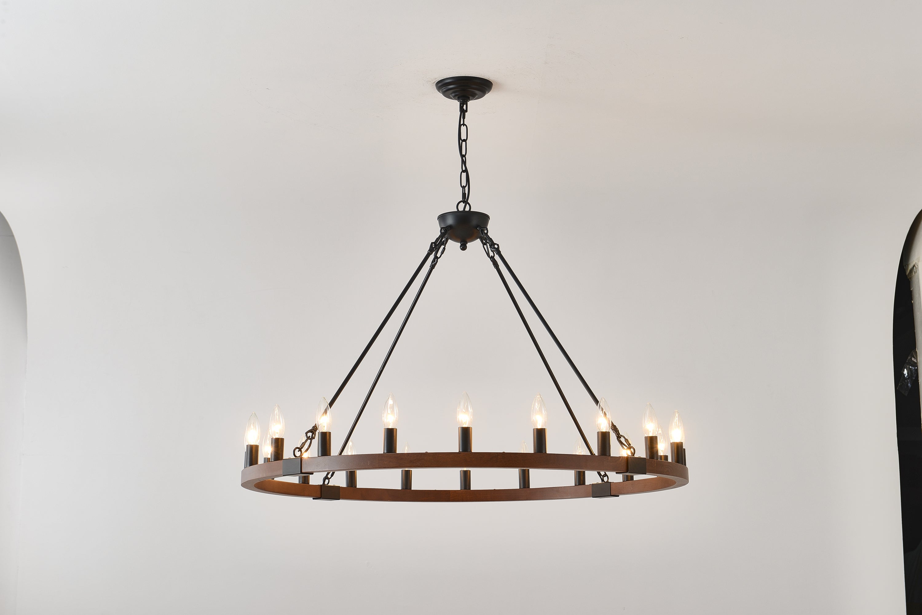 Chandelier Wood Wagon Wheel 20-Light Farmhouse Matte Black 39.3 In