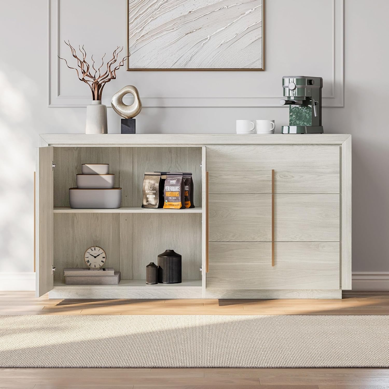 64 Inch Modern Industrial Sideboard Cabinet White Sand