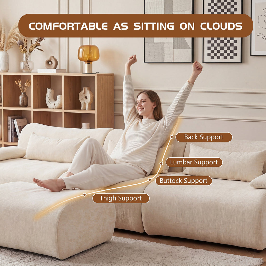 Sofa Curved White 3 Seater with Anti Slip No Assembly Chaise