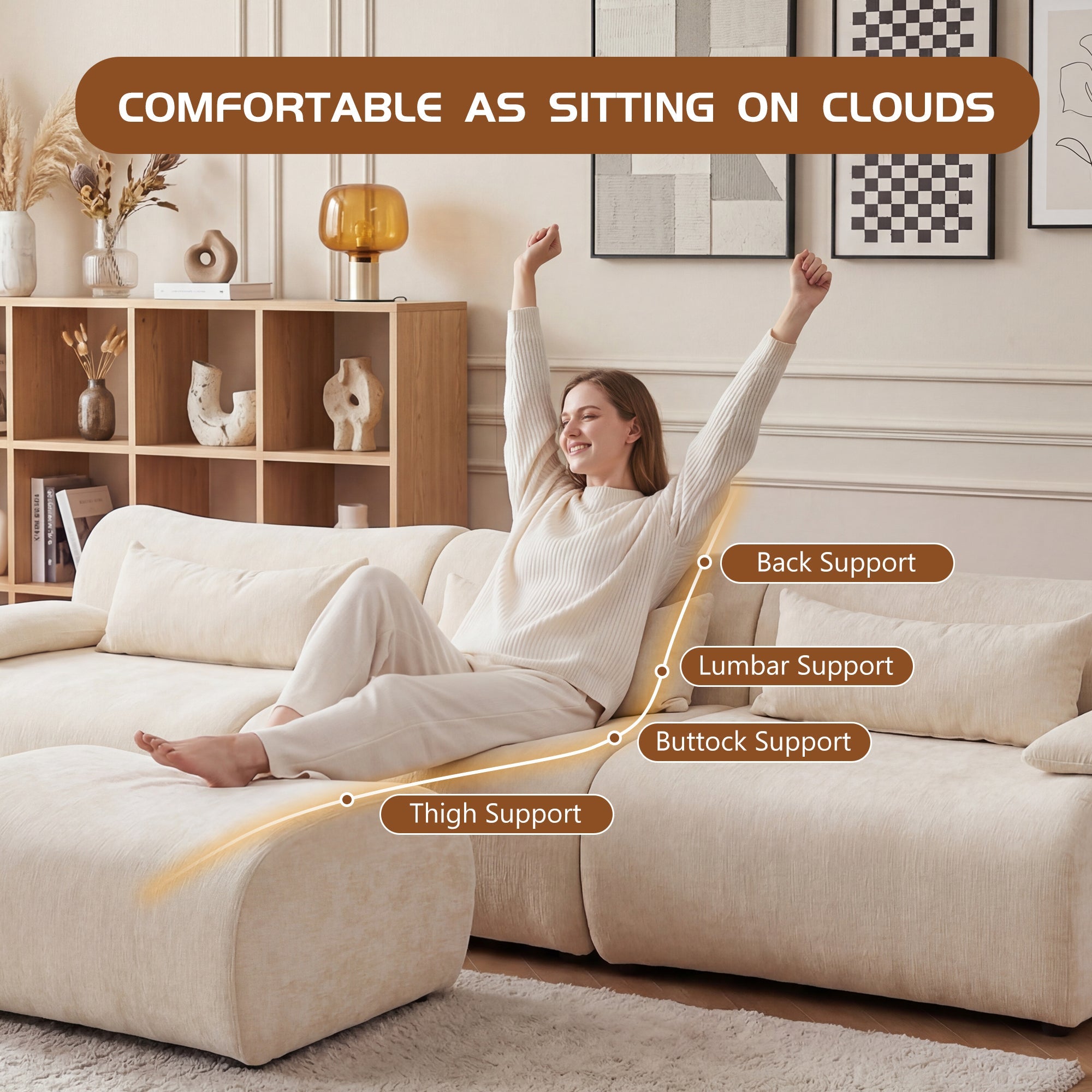 Sofa Curved White 3 Seater with Anti Slip No Assembly Chaise