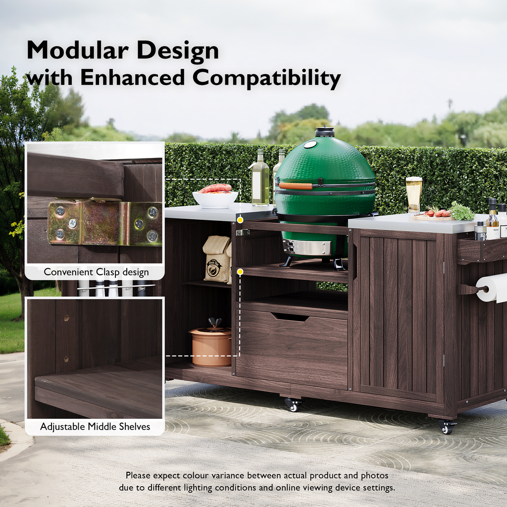 Outdoor Kitchen Island Grill Cart Fir Wood Stainless Steel Top 66.5x23x34 In