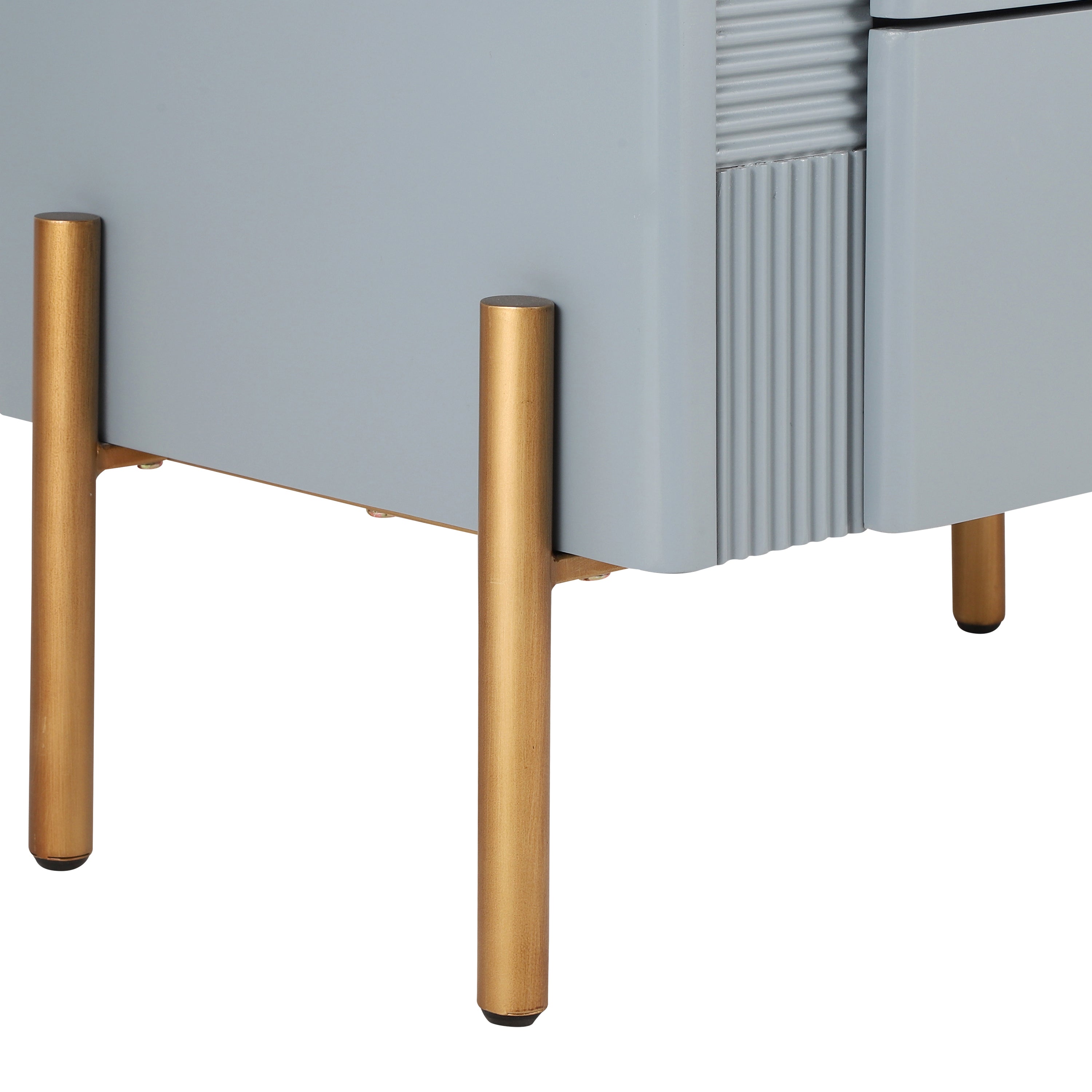 Modern Fluted Nightstand with 2 Drawers, Gold Metal Legs and Handles, Blue
