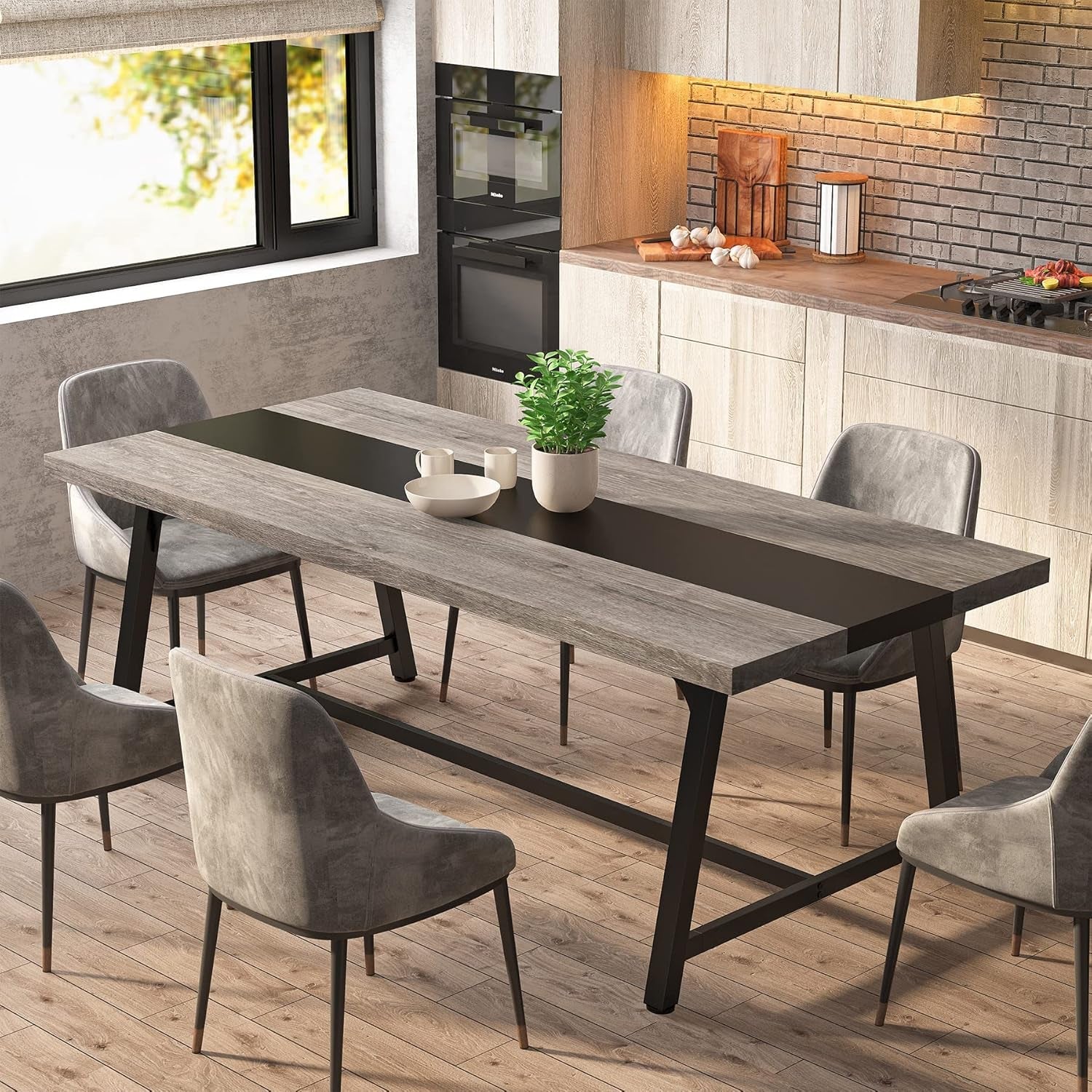 70.87 Inch Dining Table For 8 With Metal Frame In Gray