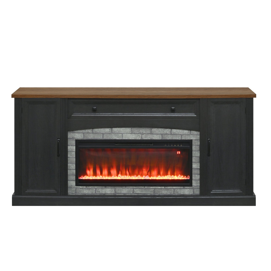 TV Stand Fireplace Black MDF Walnut Top Gray Brick 1400W Fits 70 In TV 66.9 In