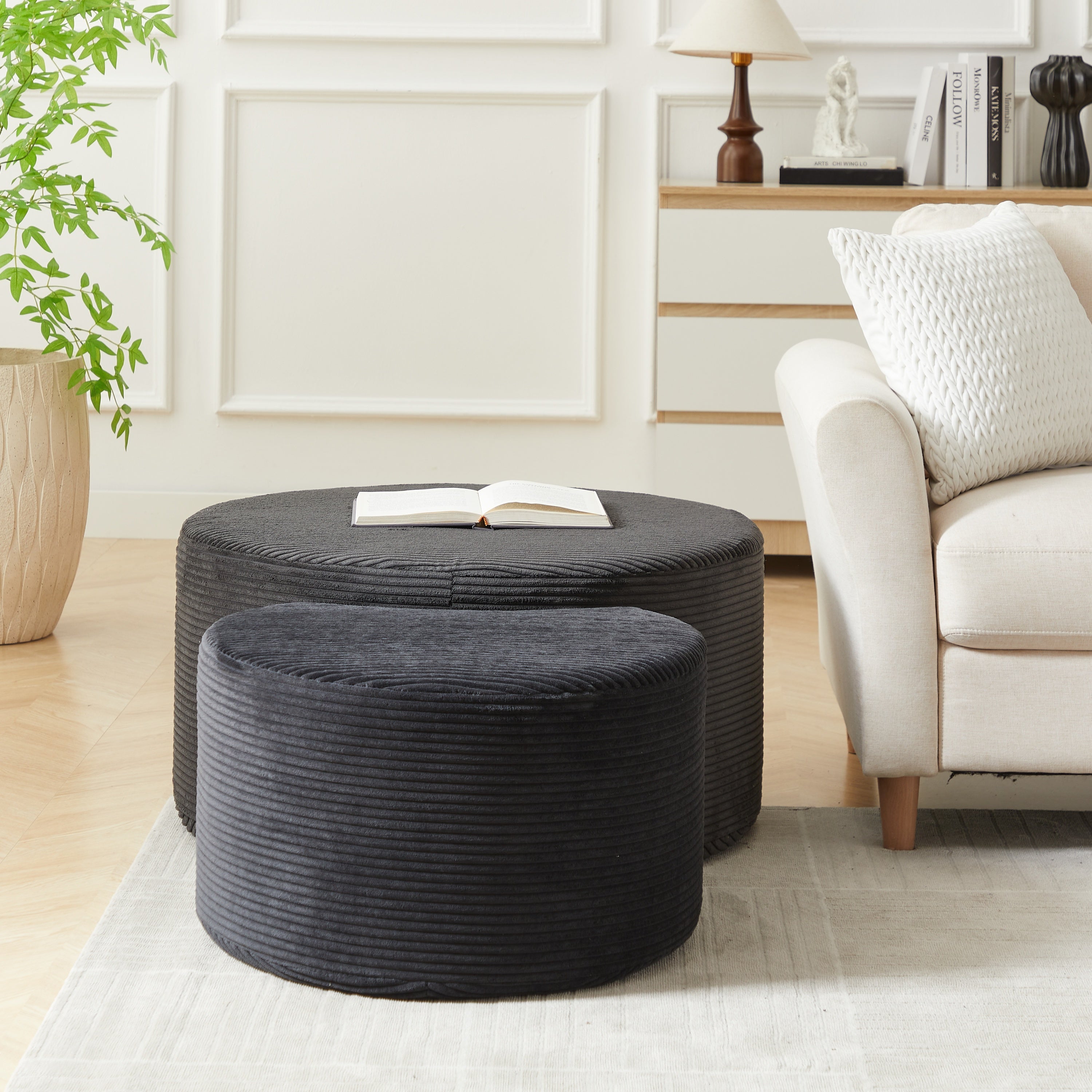 Upholstered Round Coffee Table Set of 2, Black Corduroy Fabric, No Assembly