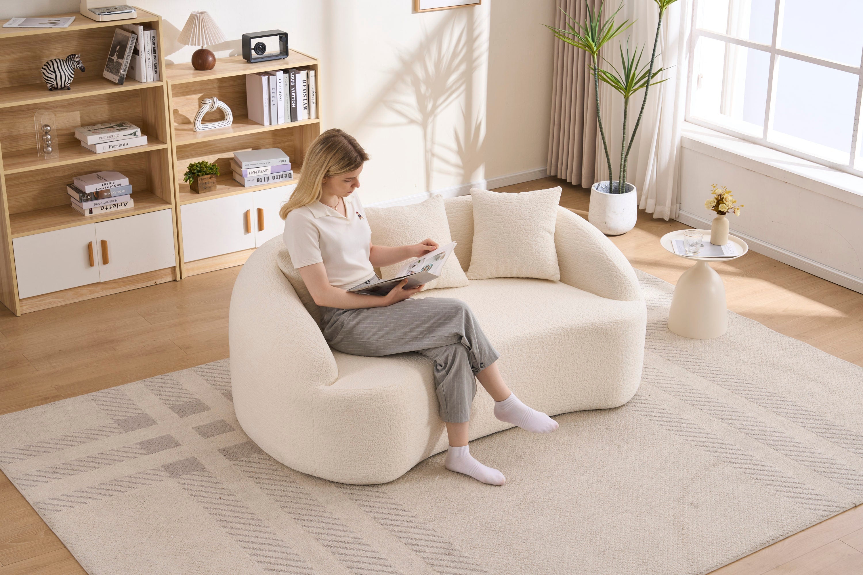 Sofa Curved Modern Off White Chenille 2-seater Space-Saving Compact