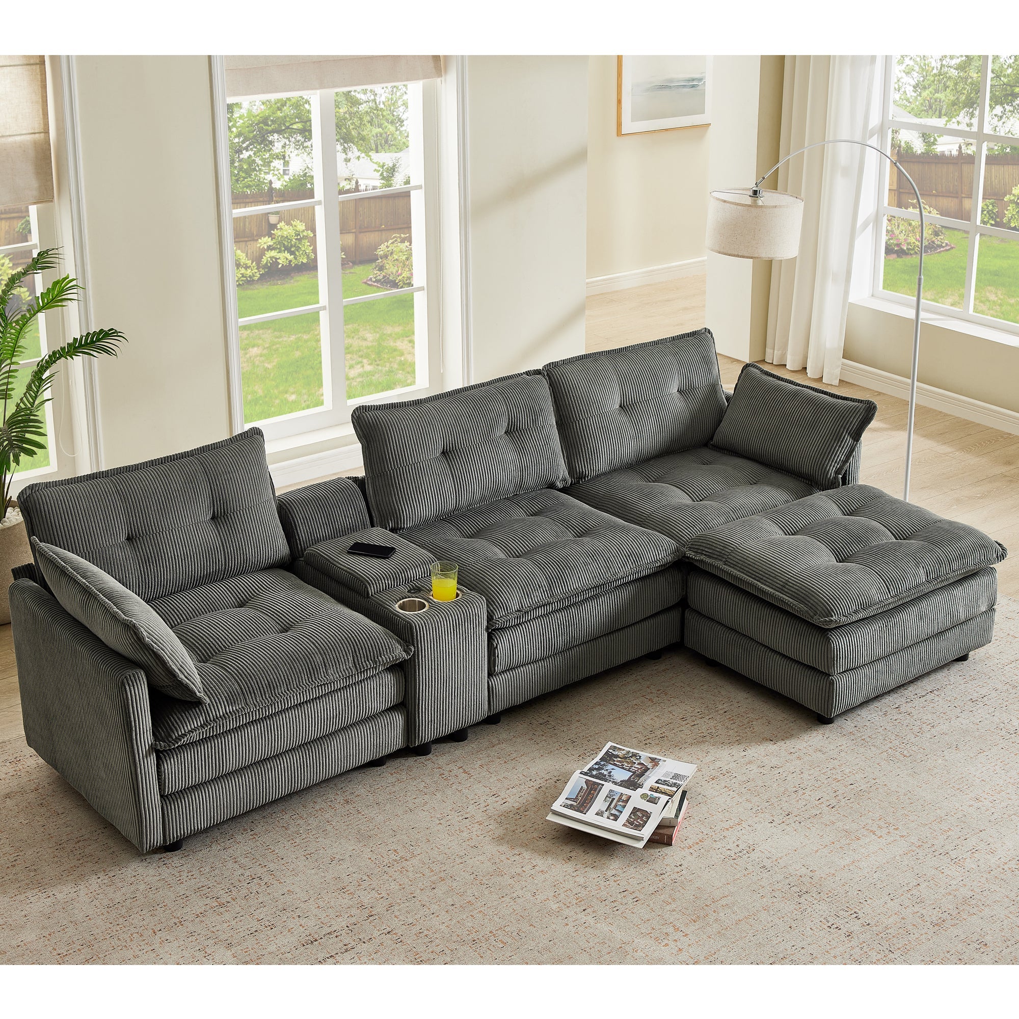 Sectional Sofa L-Shaped Corduroy with Ottoman and USB Ports, 4-seater, Grey