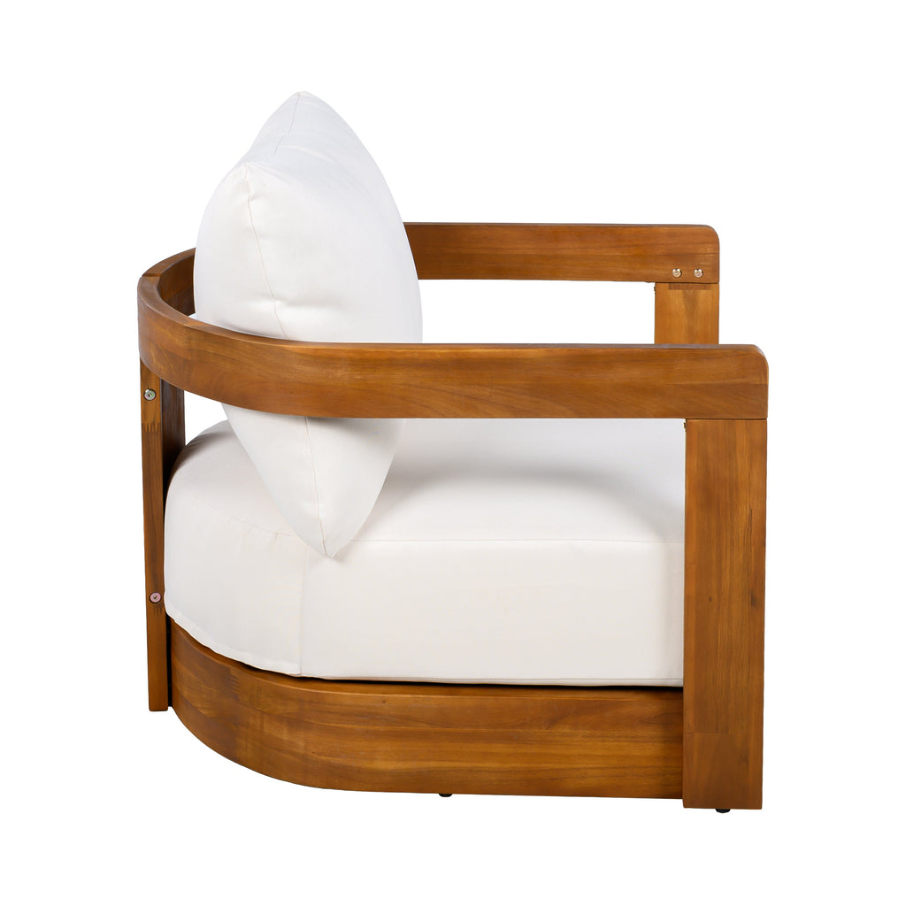Outdoor Club Chair Acacia Wood Tub Shape Teak Beige Cushion