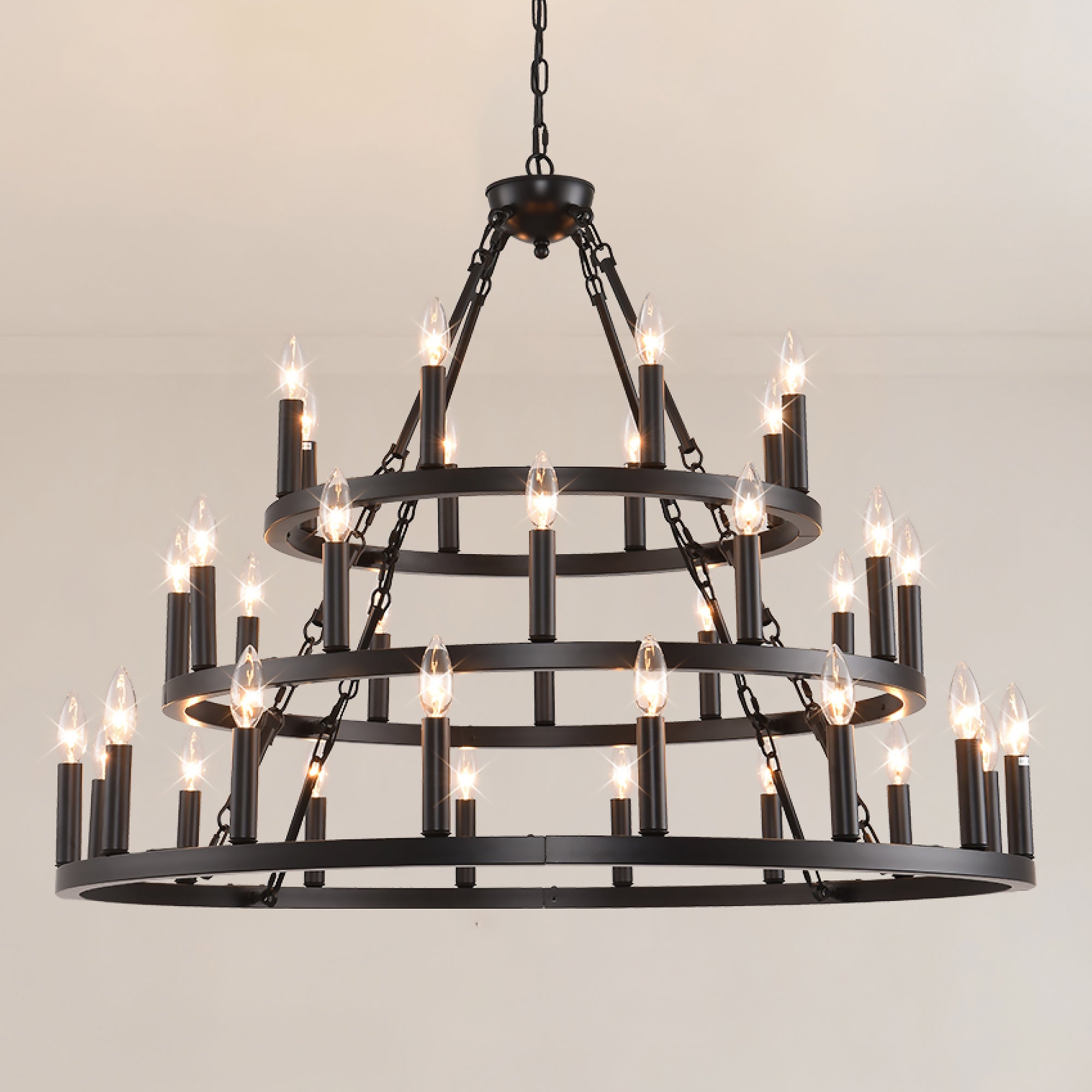 Chandelier Wagon Wheel 3-Tier 36-Light Black Metal 39.37 In Industrial