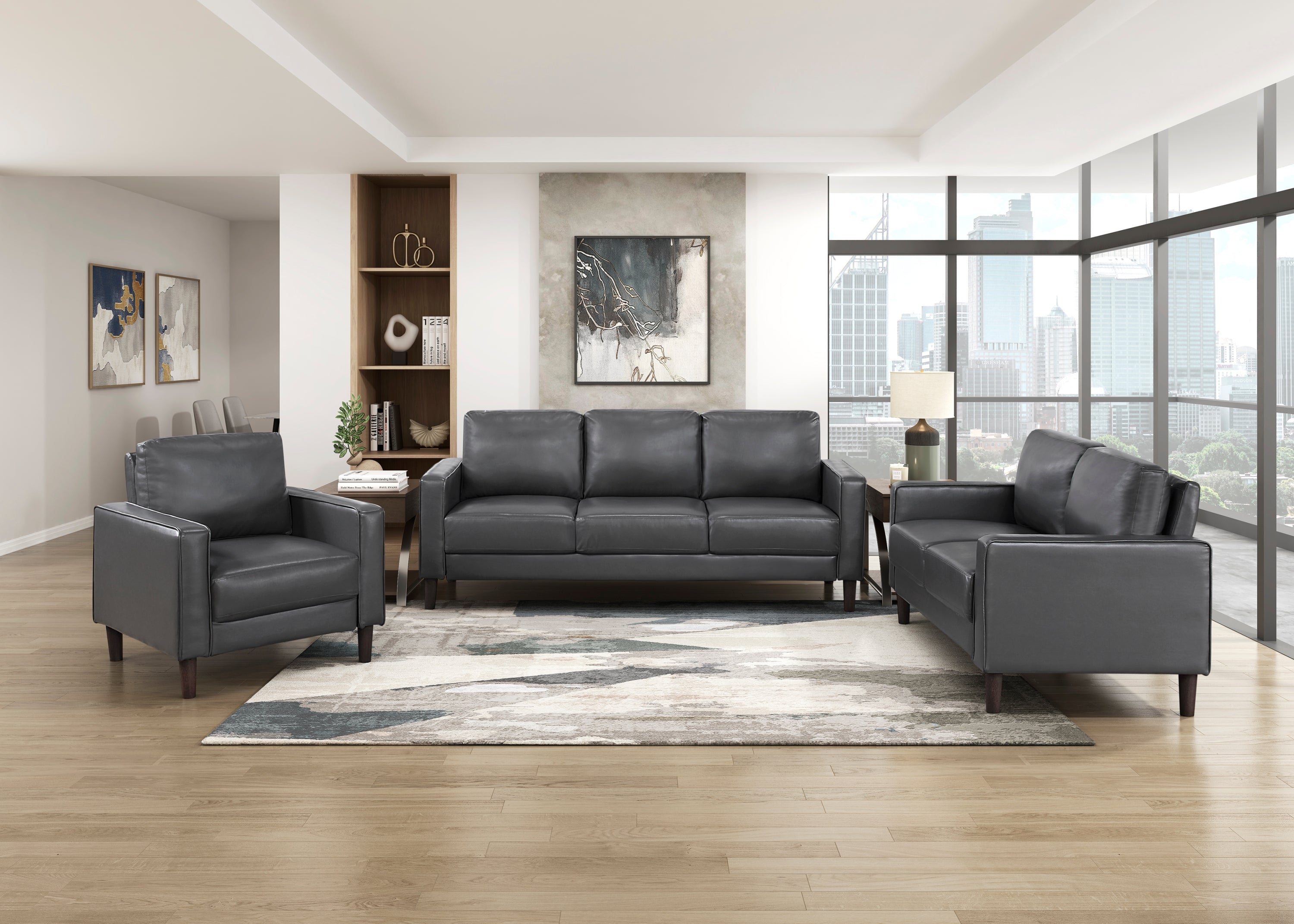 Modern Style Dark Gray Faux Leather Upholstered 3-Seater Sofa Couch Comfortable Cushion Back Seat Solid Wood Living Room Furniture 1pc