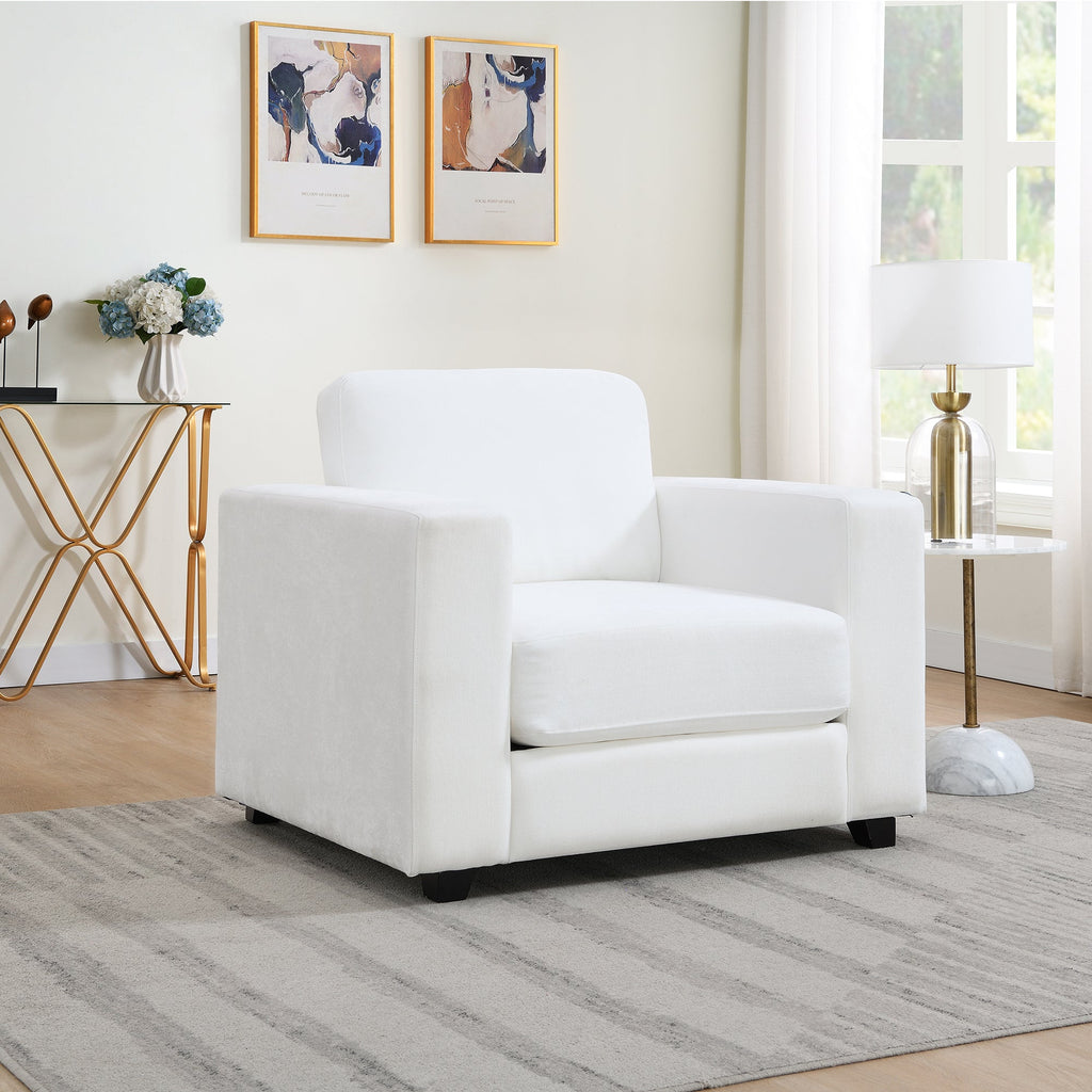 Accent Chair Mid-Century Chenille Ivory Wide Arms 7 In Cushion 39x33x33 In