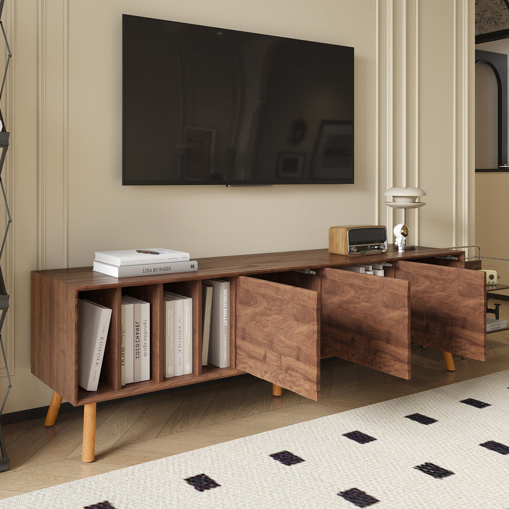 TV Stand Mid-Century Walnut Solid Wood MDF Push-Pop Doors Fits 80 In TV
