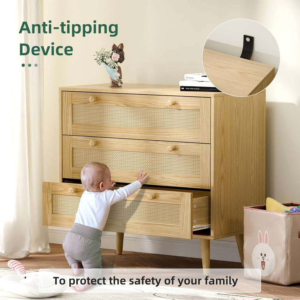 Space-Saving 3-Drawer Rattan Dresser For Bedroom Storage