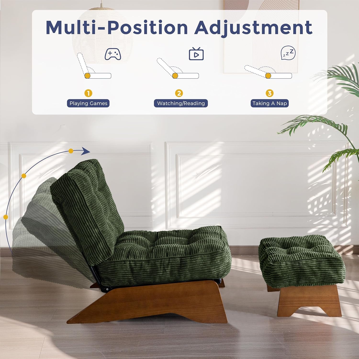 Green Adjustable Backrest Accent Chair With Ottoman