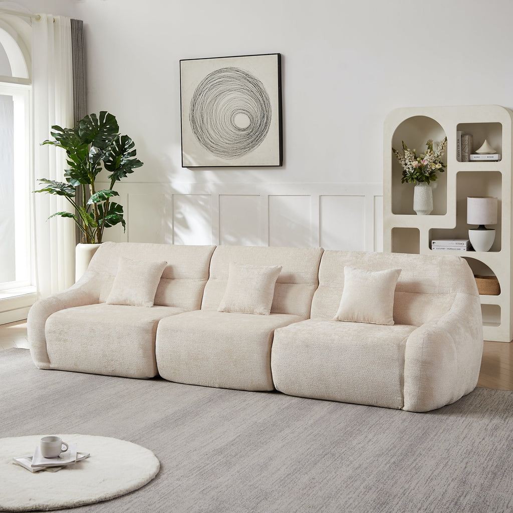 Sectional Sofa Curved Beige Chenille 123.2 Inch Four Pillows No Assembly