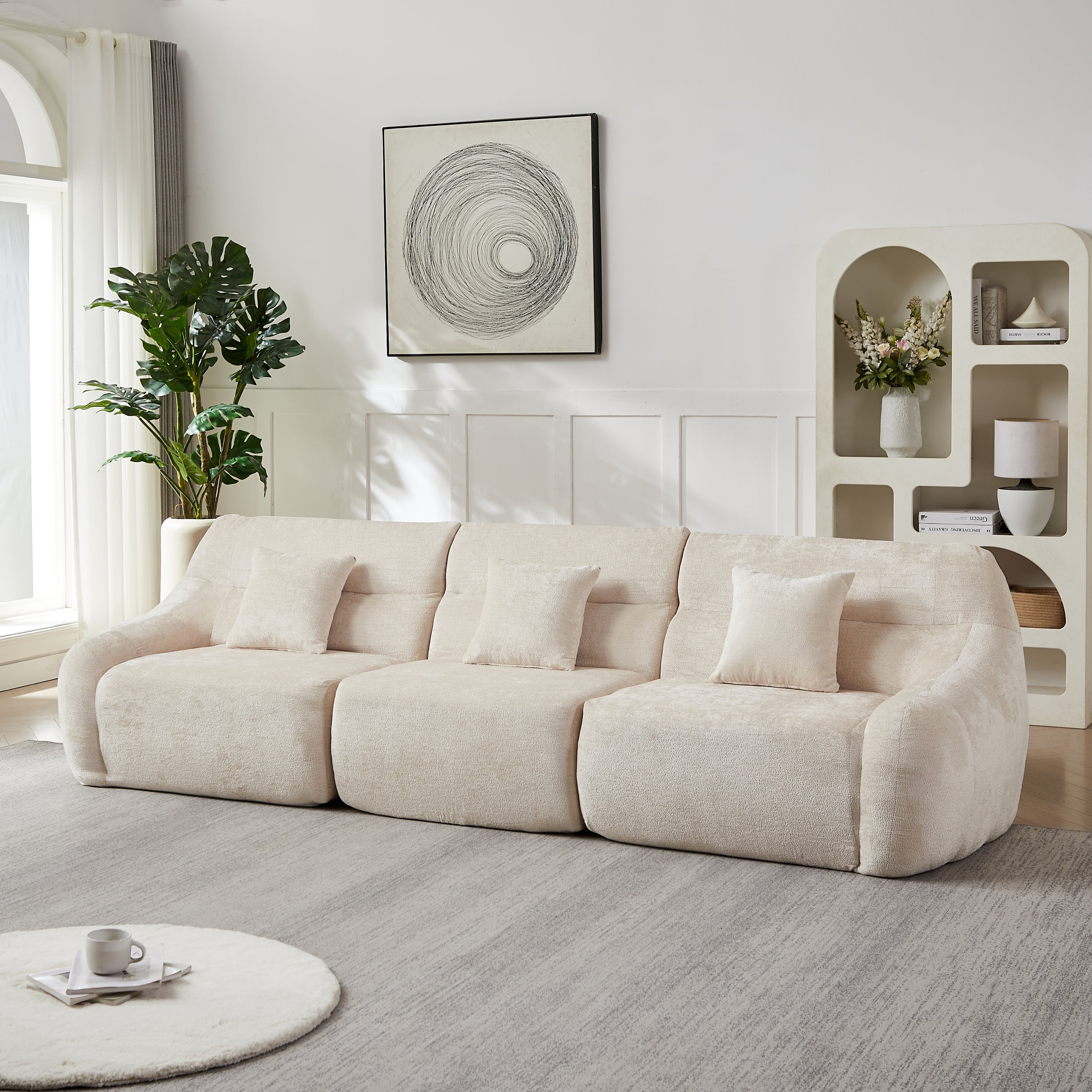 Sectional Sofa Curved Beige Chenille 123.2 Inch Four Pillows No Assembly
