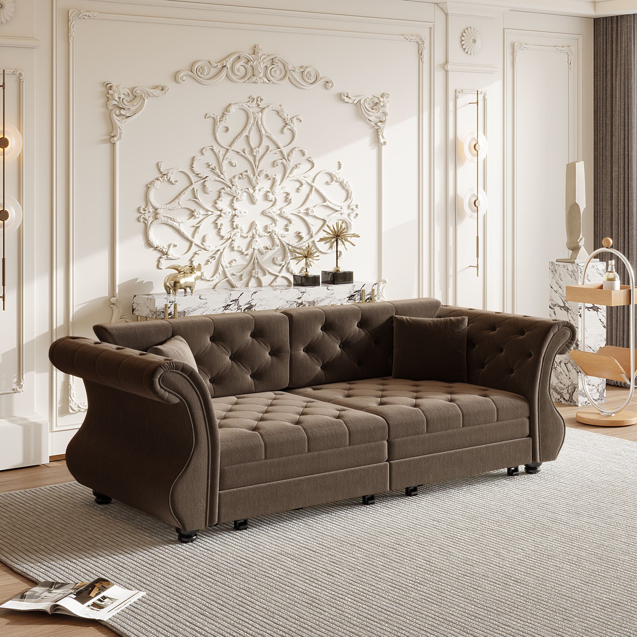 Oversized Chesterfield Pull Out Sofa Bed with Flower Tufting