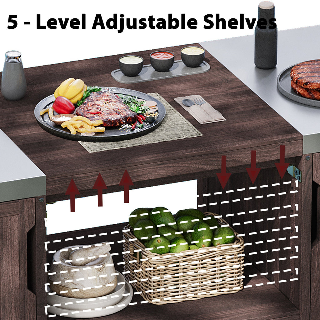 Outdoor Kitchen Island Grill Cart Fir Wood Stainless Steel Top 66.5x23x34 In