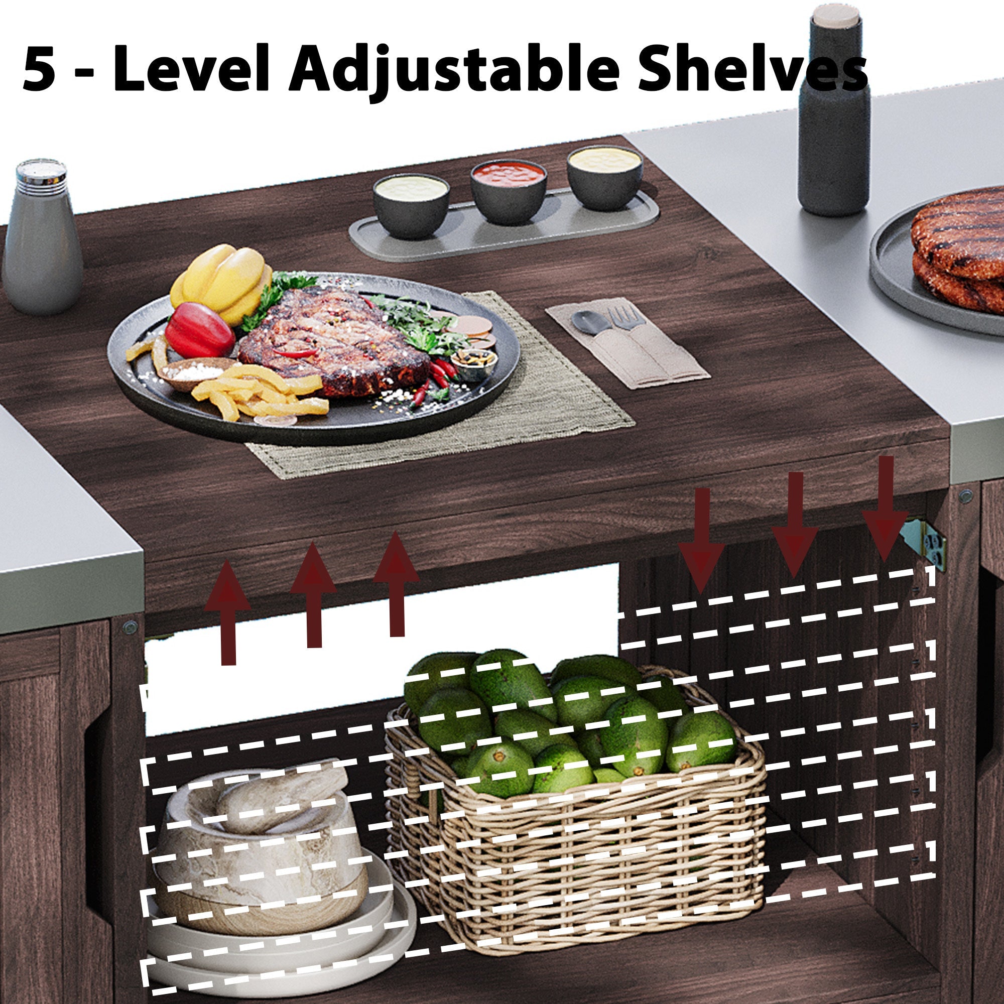 Outdoor Kitchen Island Grill Cart Fir Wood Stainless Steel Top 66.5x23x34 In