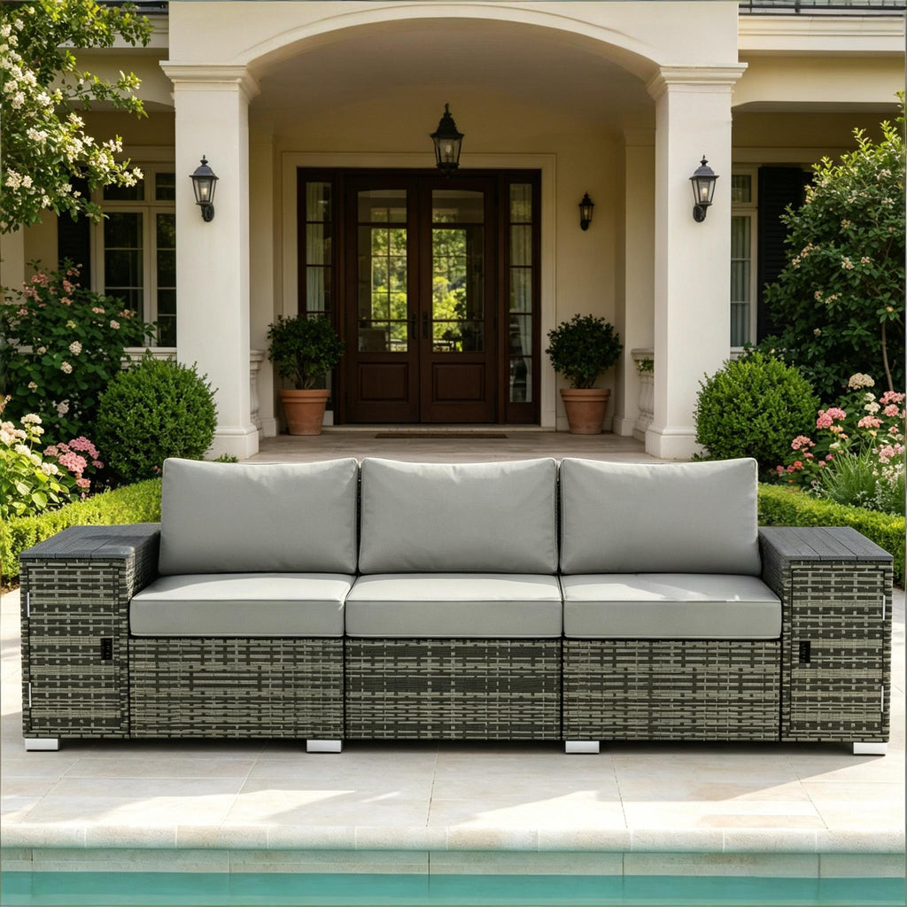 Outdoor Sofa Set Wicker Gray 3 Seat Storage Armrests 794 lb Capacity