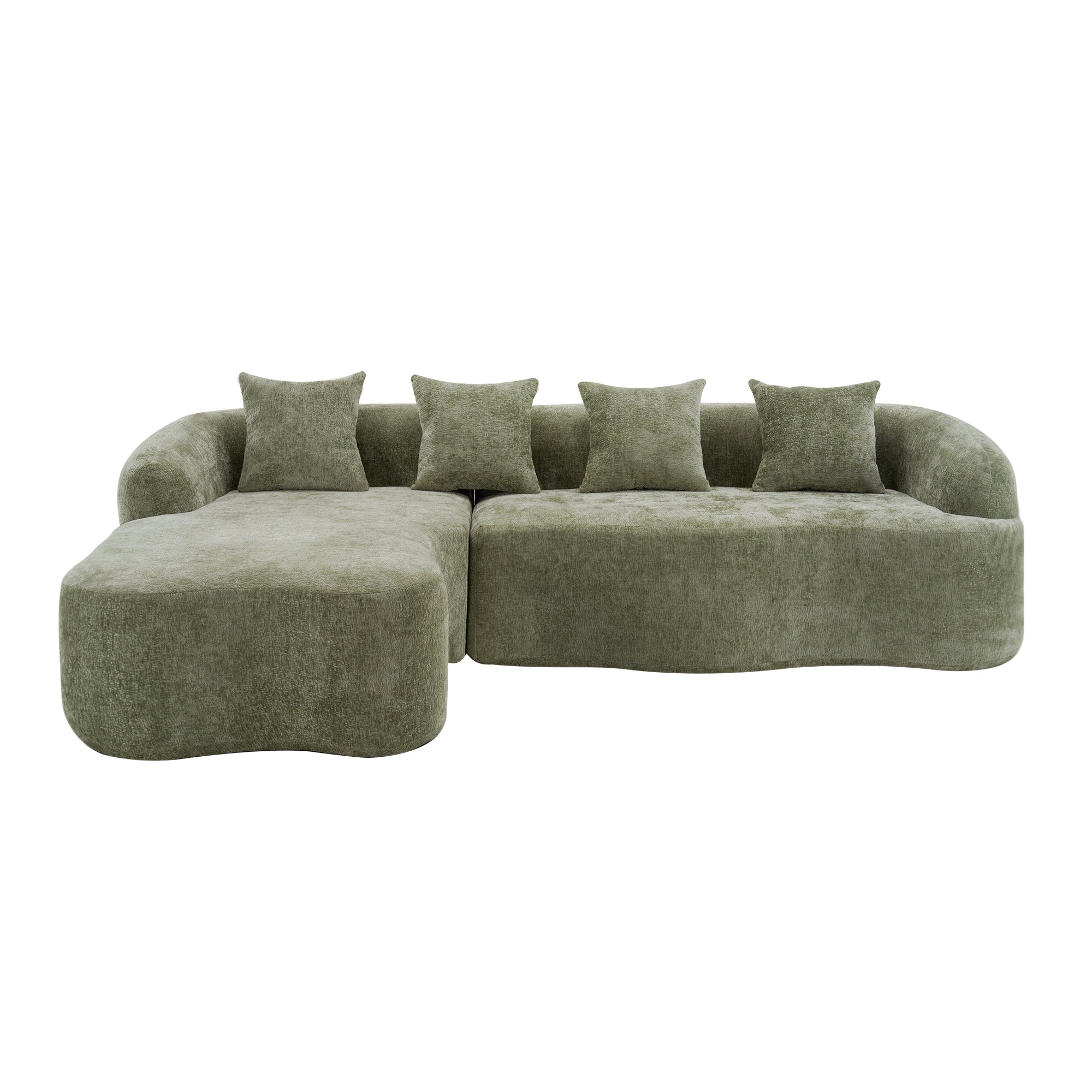 Sectional Sofa l Shape Chenille Green Curved Chaise with Foam and Spring Support